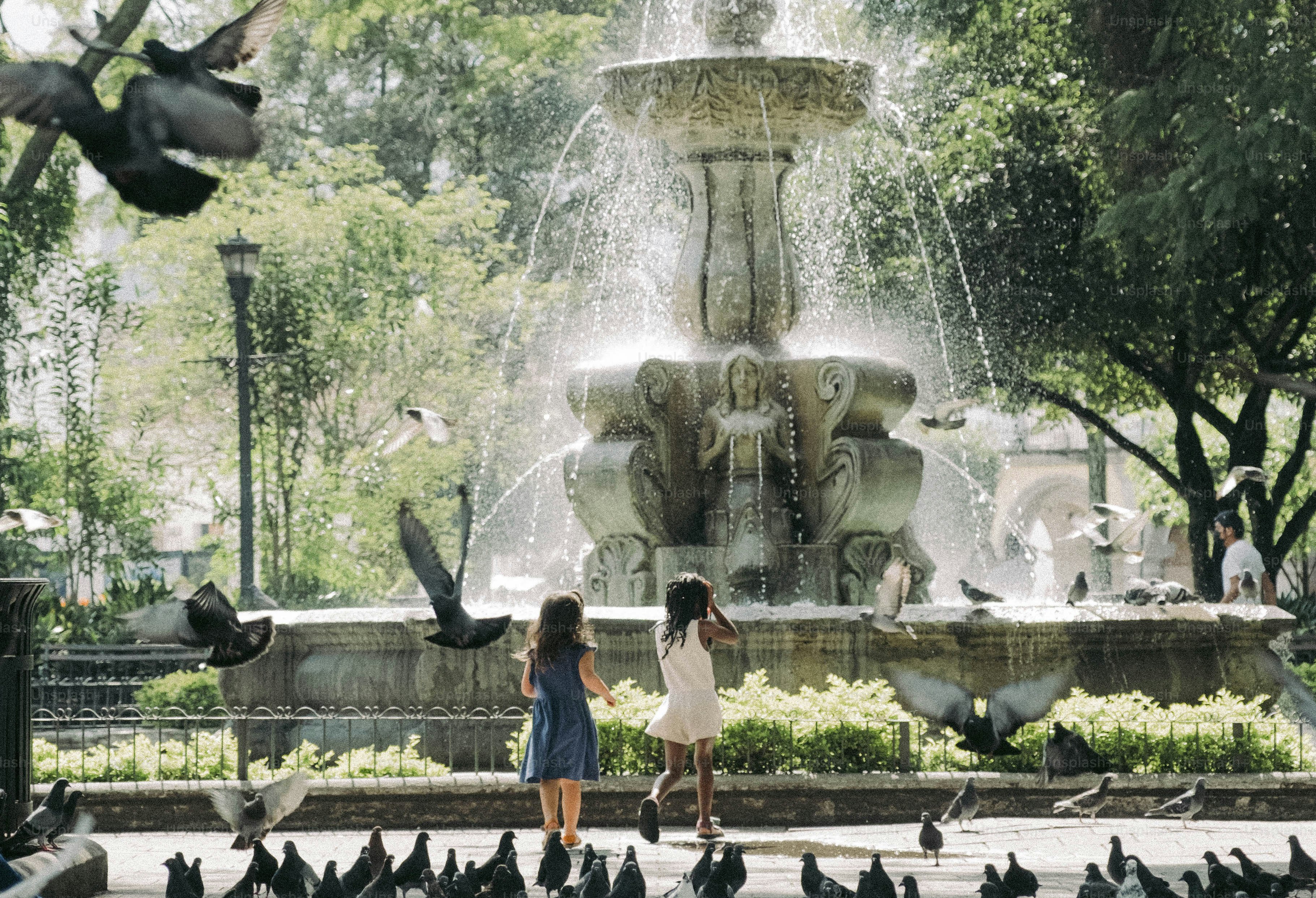 Two girls standing in front of a fountain surrounded by birds