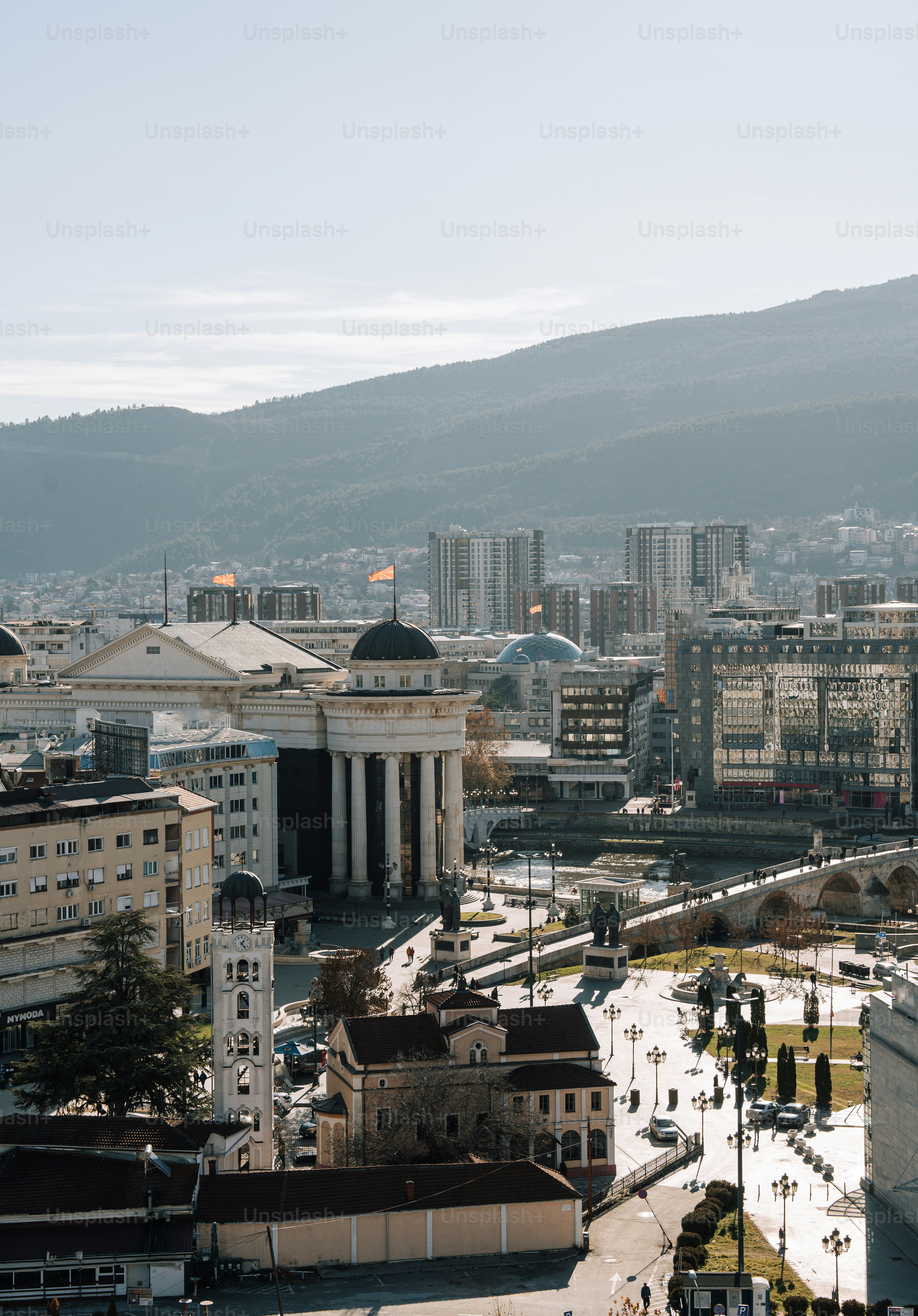 A view of a city with mountains in the background
