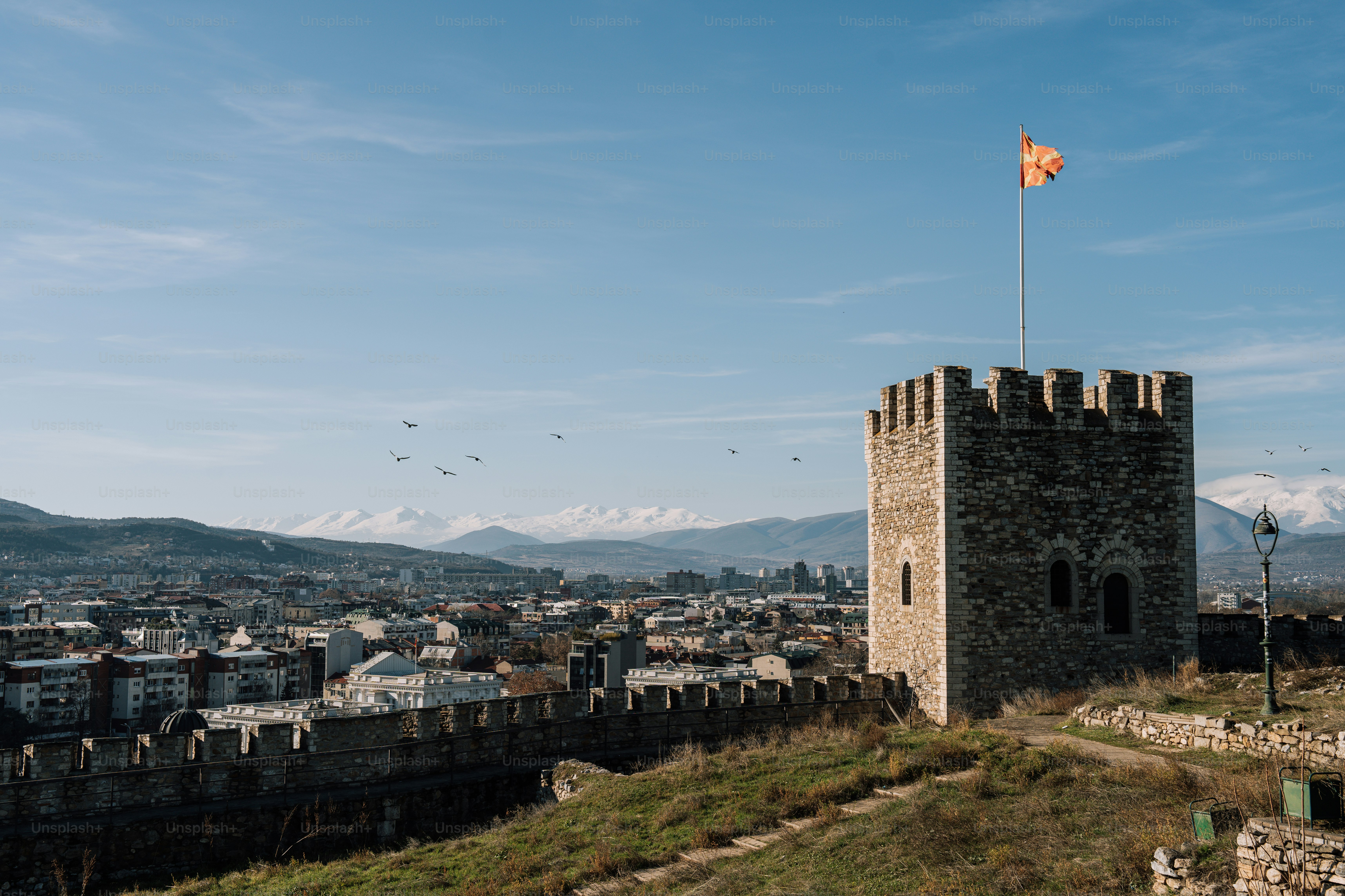 A castle with a flag on top of it