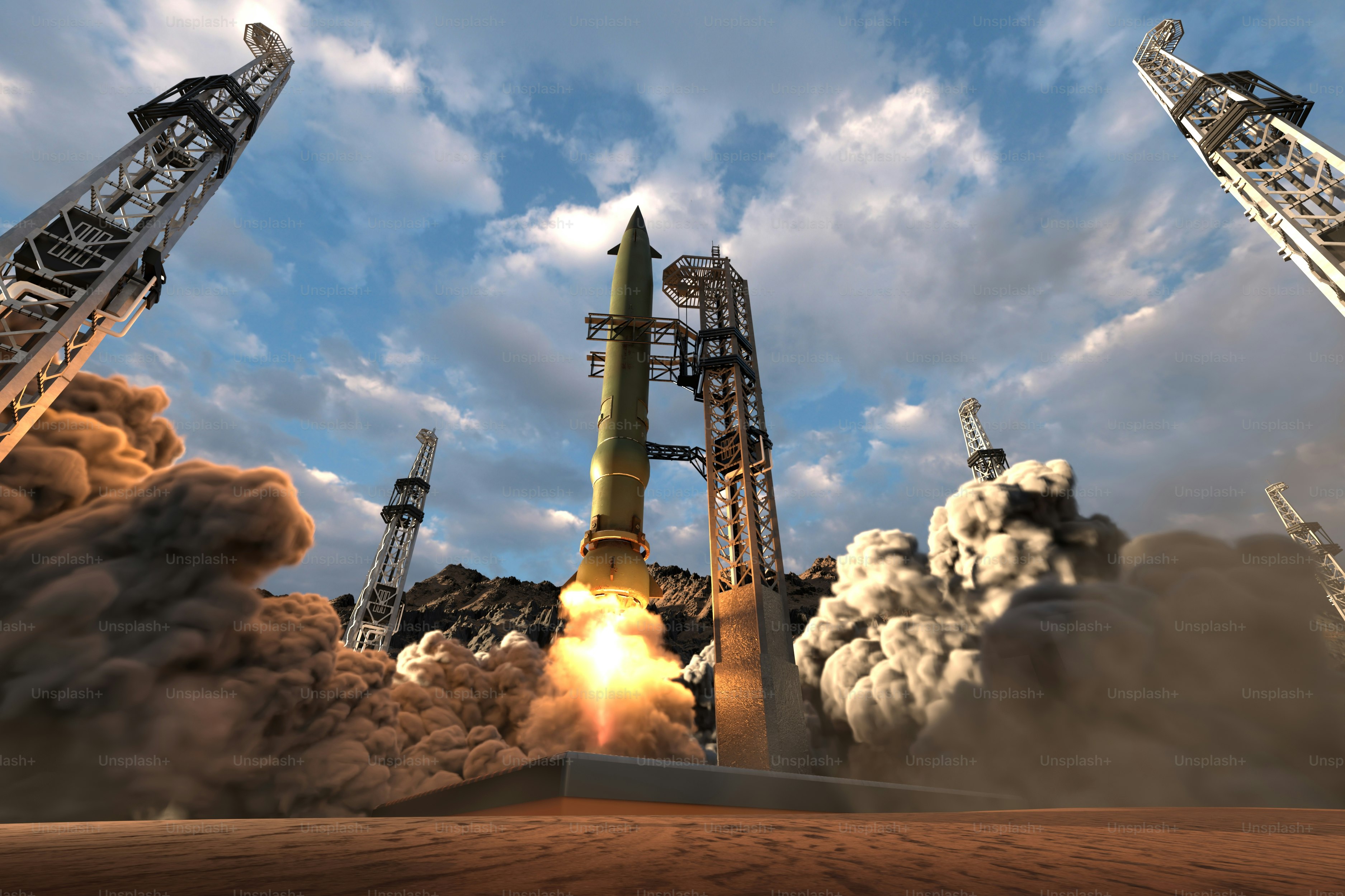 A computer generated image of a rocket taking off