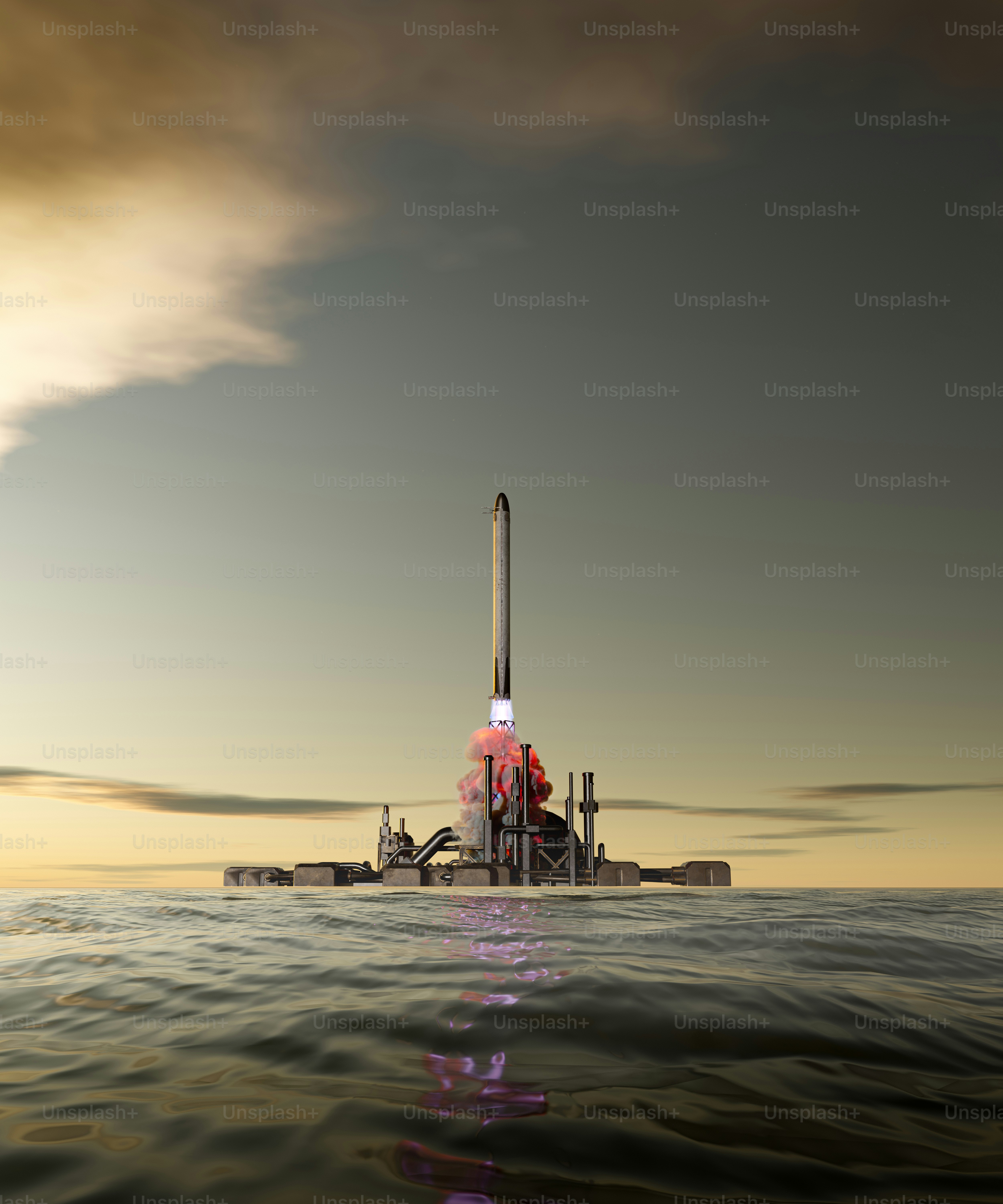 A computer generated image of a space ship in the ocean