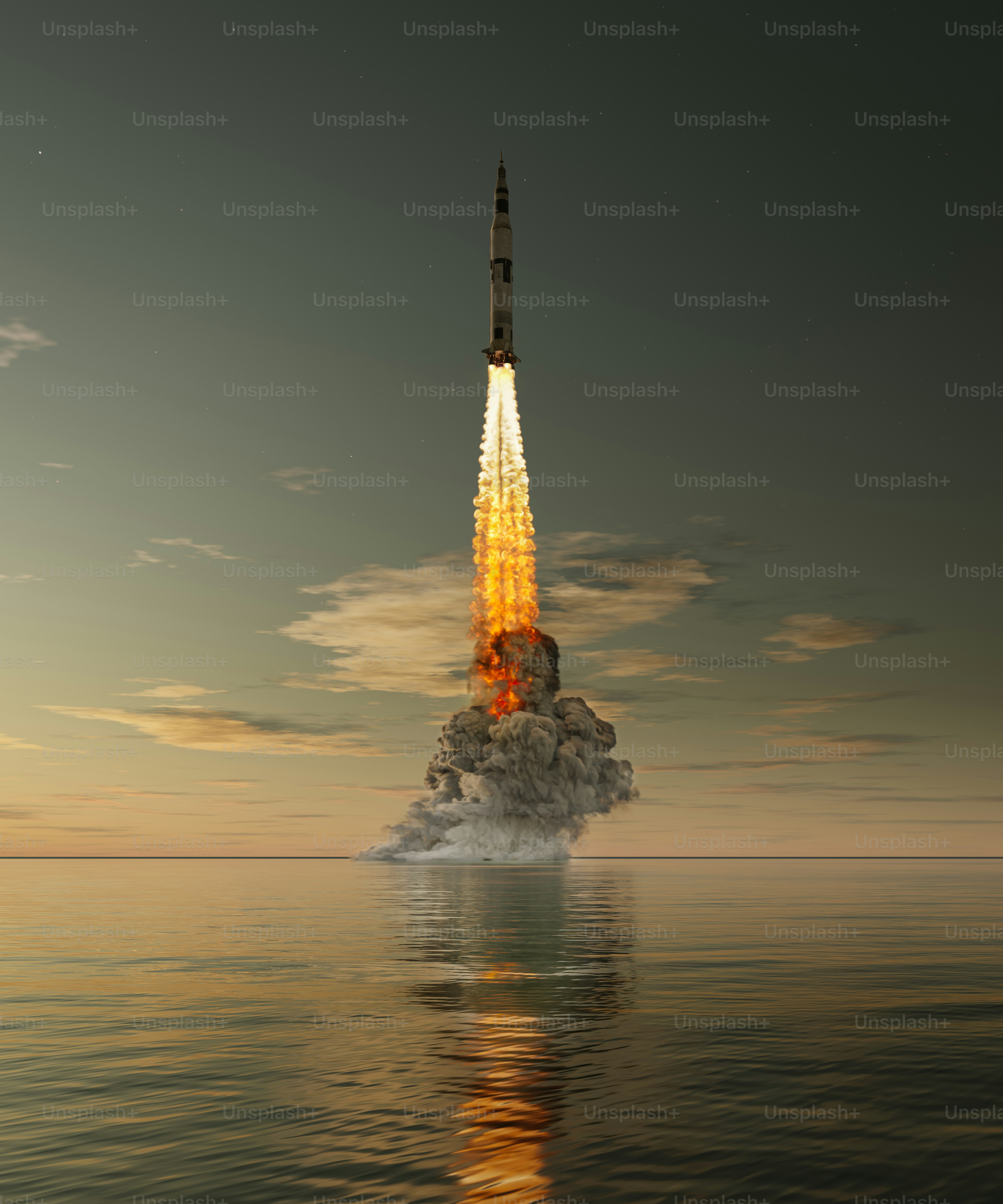 A rocket is flying through the sky above the water