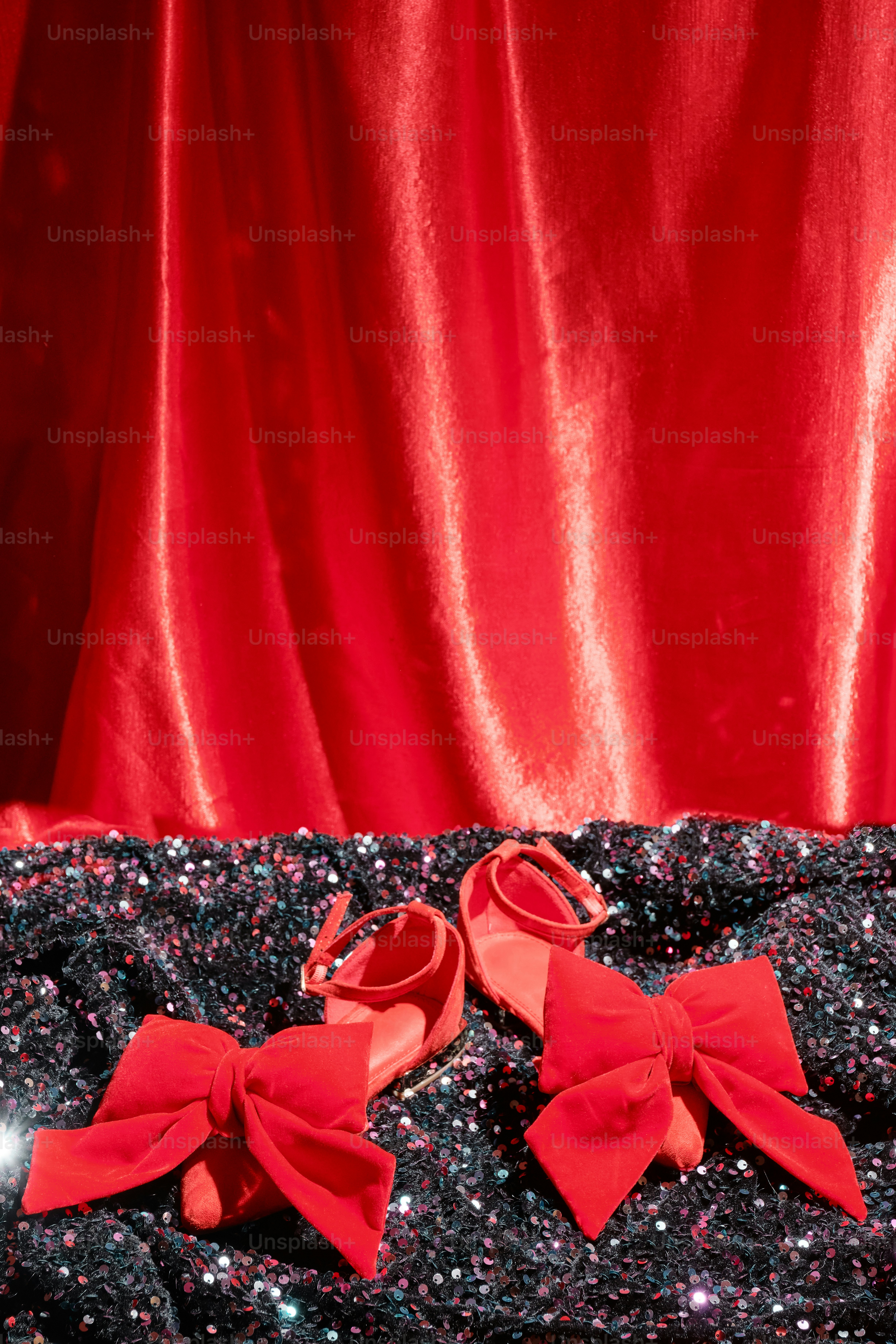 黒い布の上に赤い靴を乗せた一足