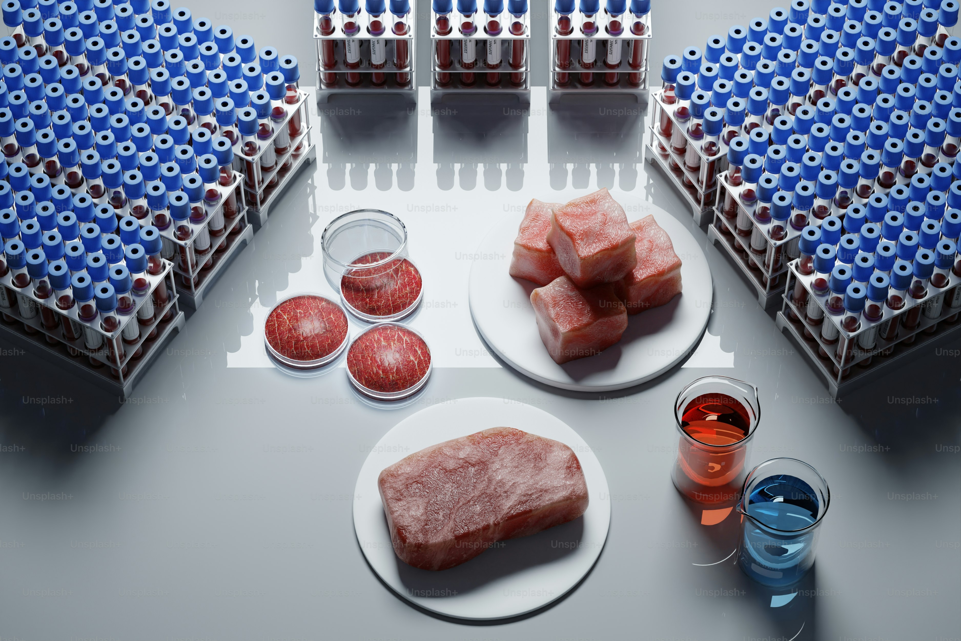 Una mesa cubierta con platos de comida junto a sillas azules