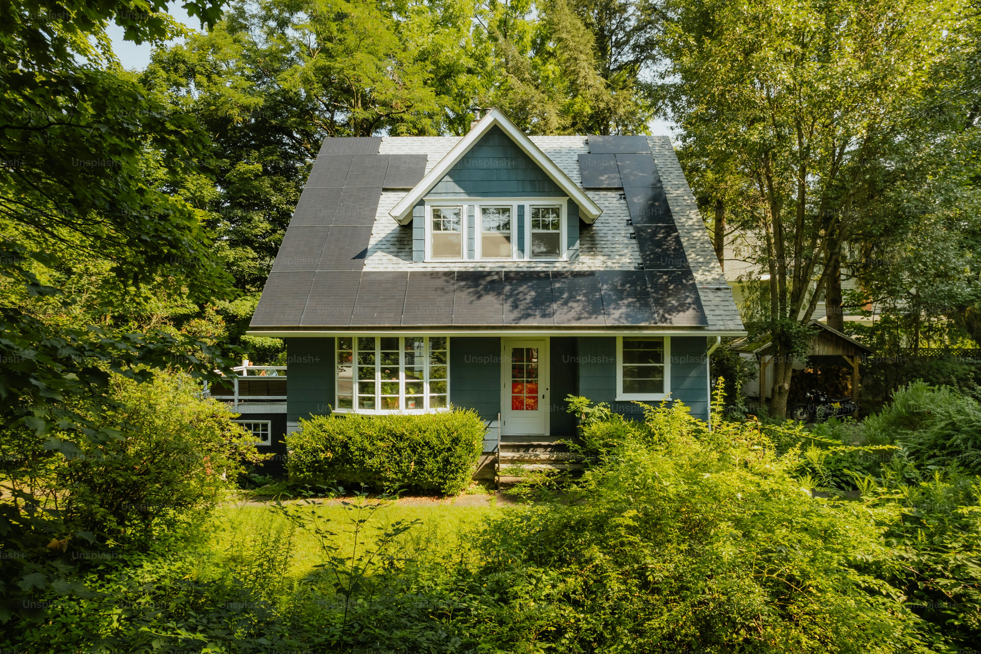 A green house surrounded by trees and bushes