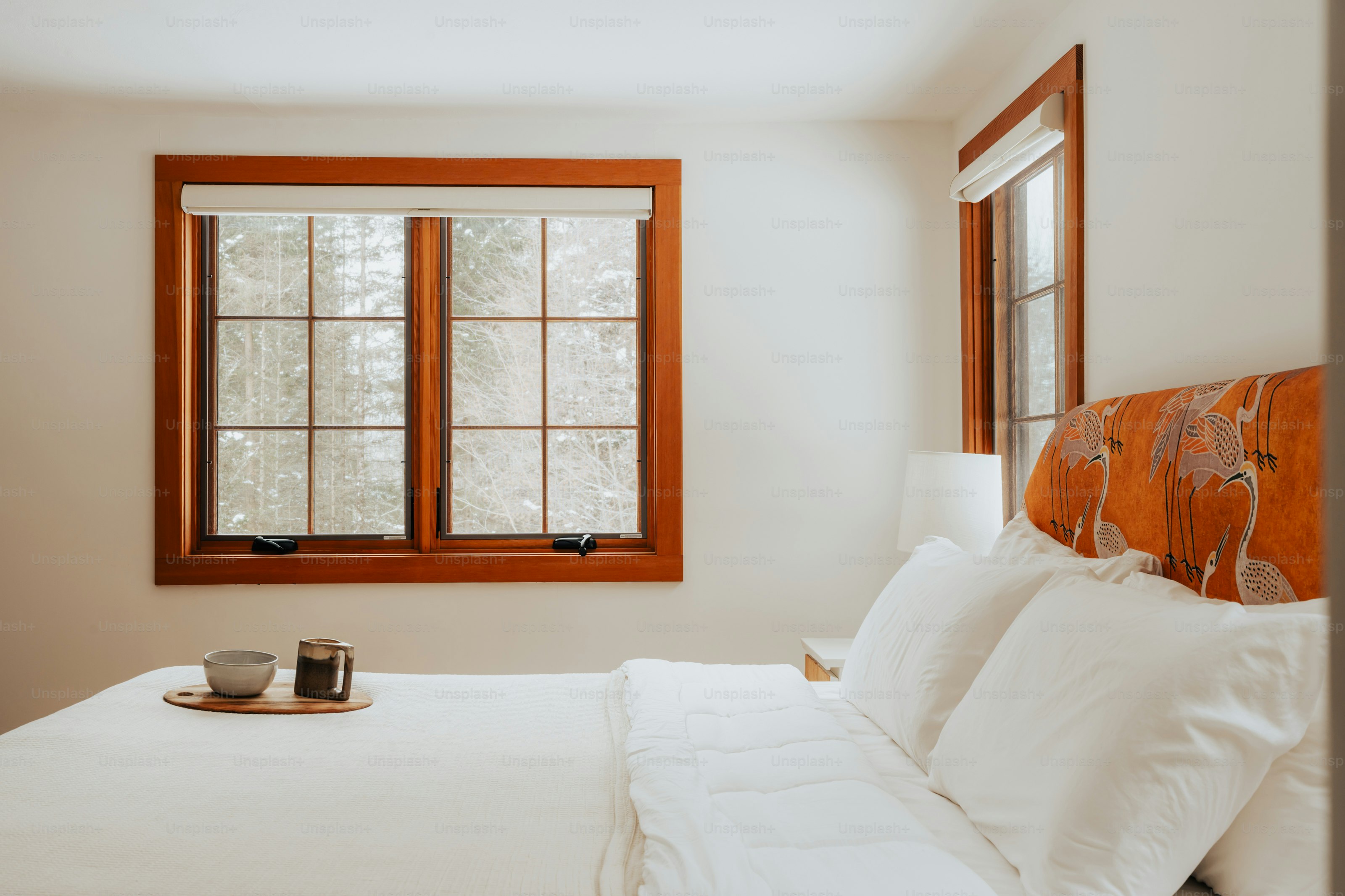 Una camera da letto con un letto e due finestre