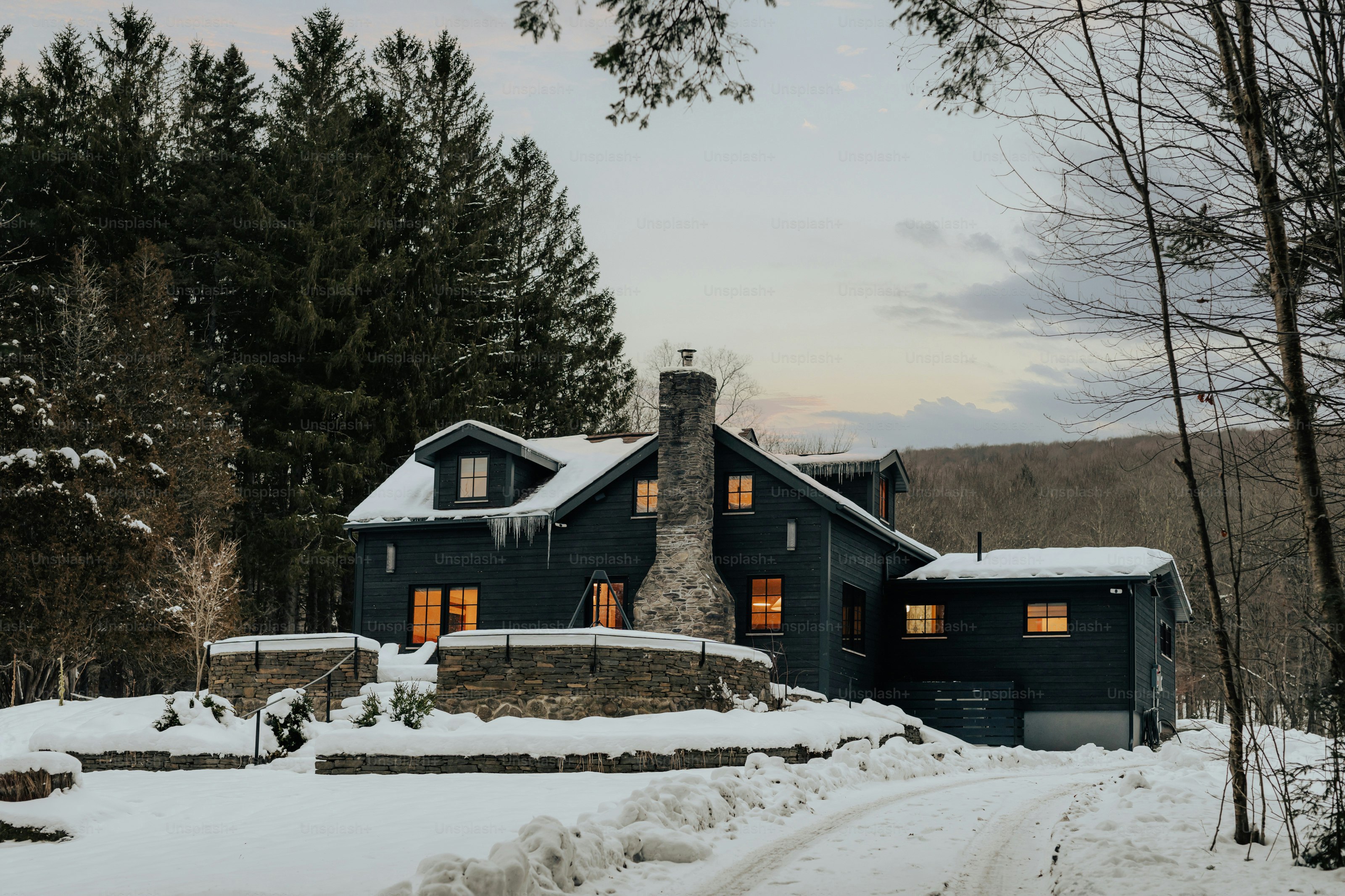A large house in the middle of a snowy forest