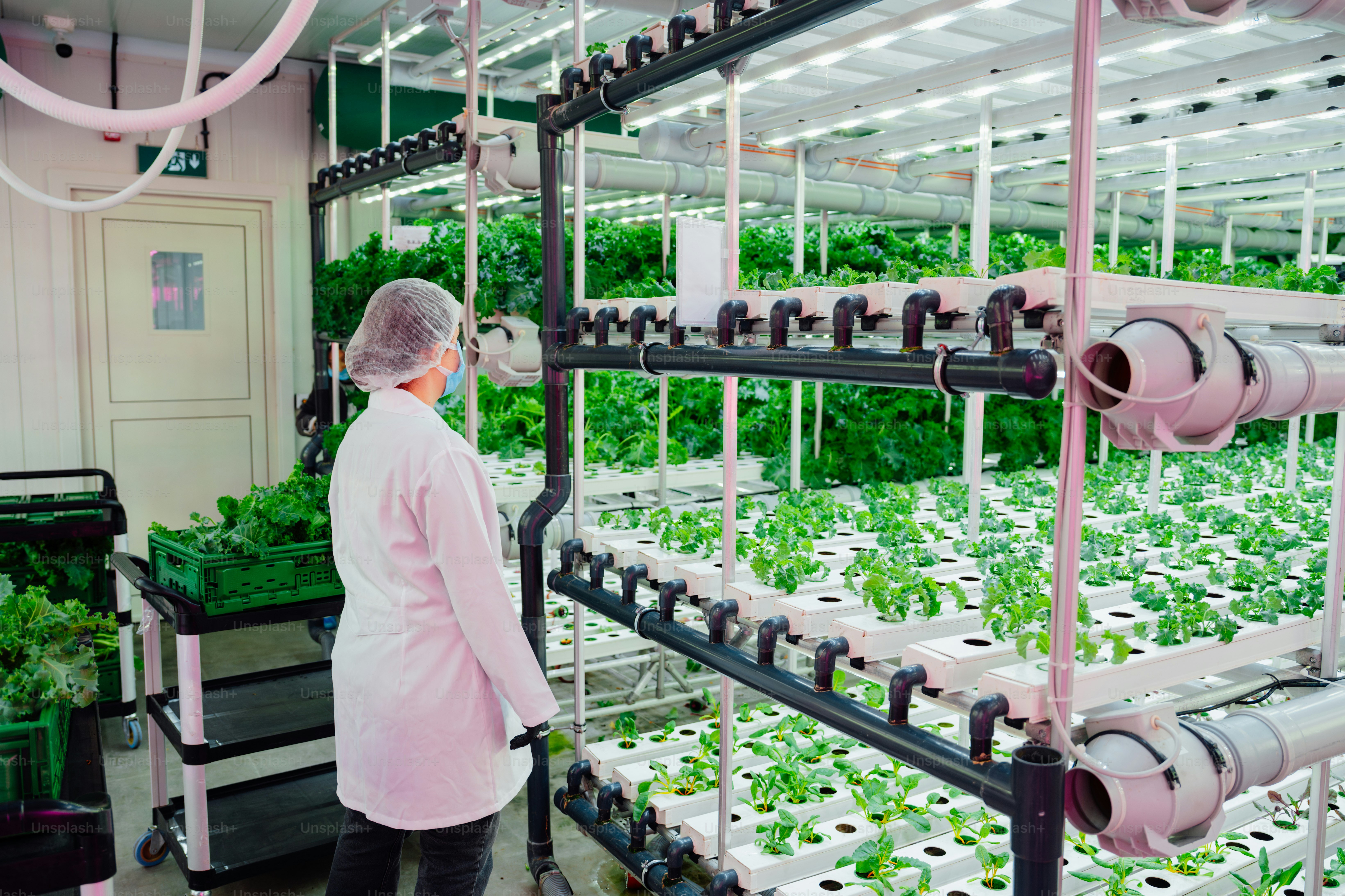A woman in a pink coat is looking at plants in a greenhouse