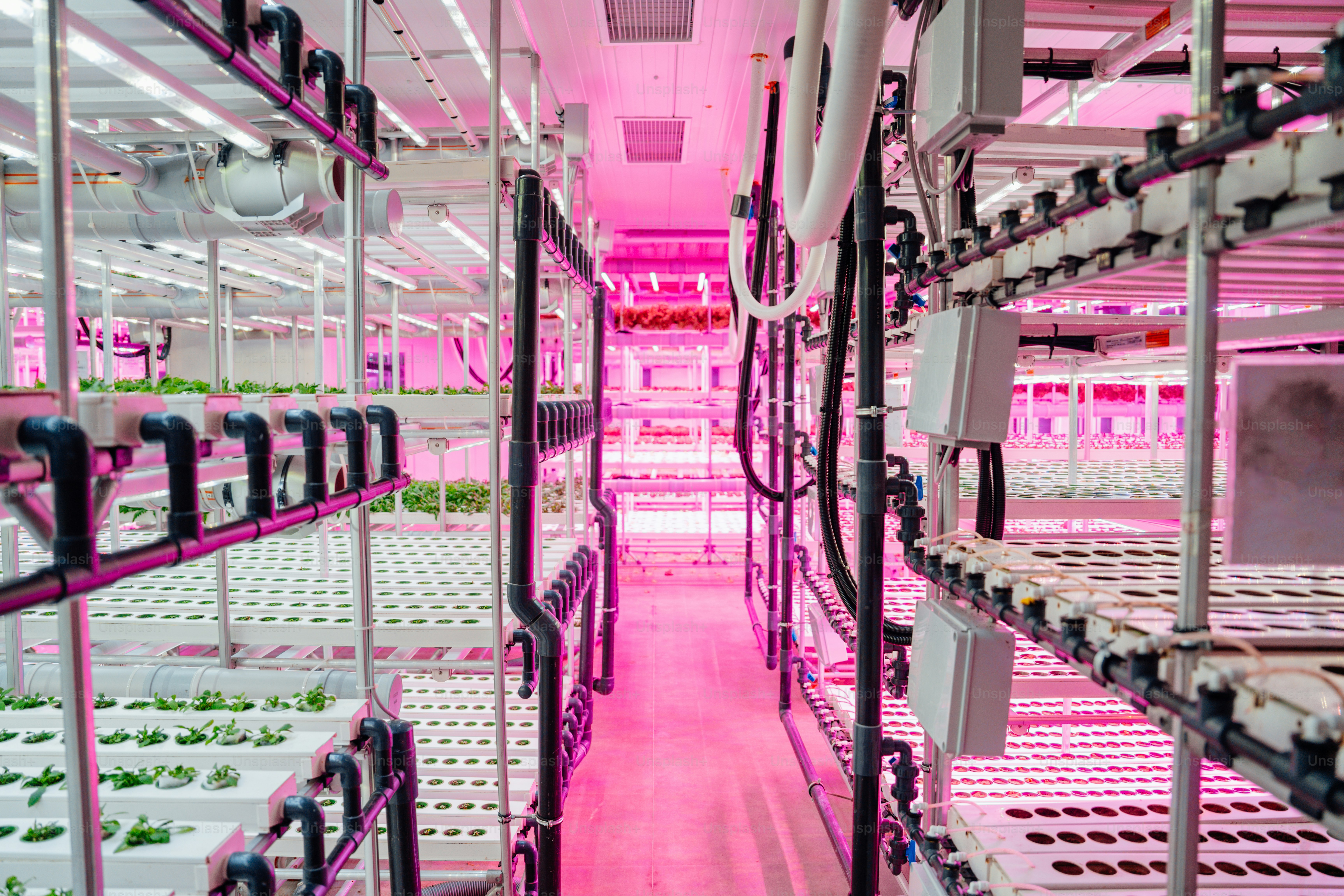 A long row of shelves filled with plants