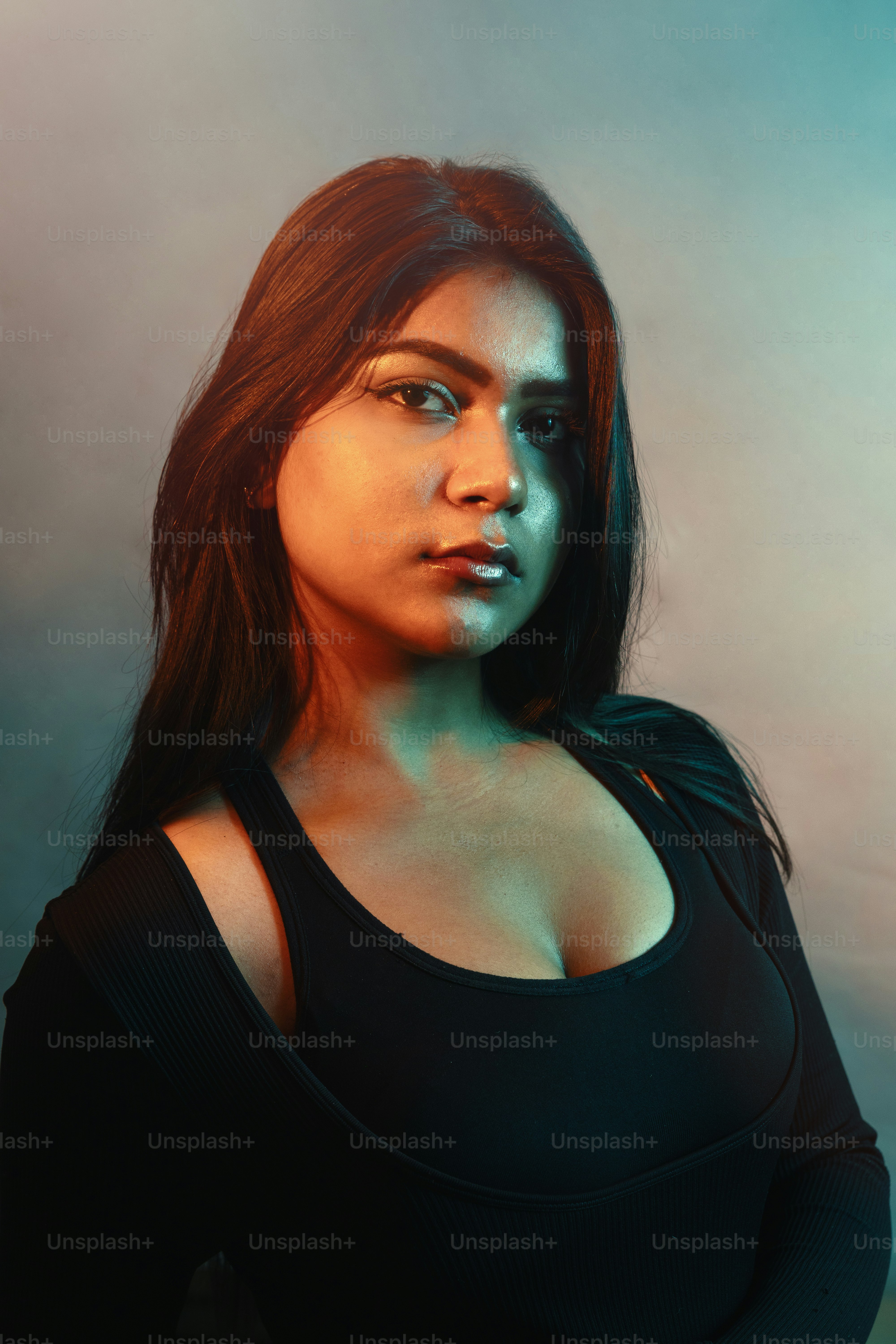 A painting of a woman in a black top