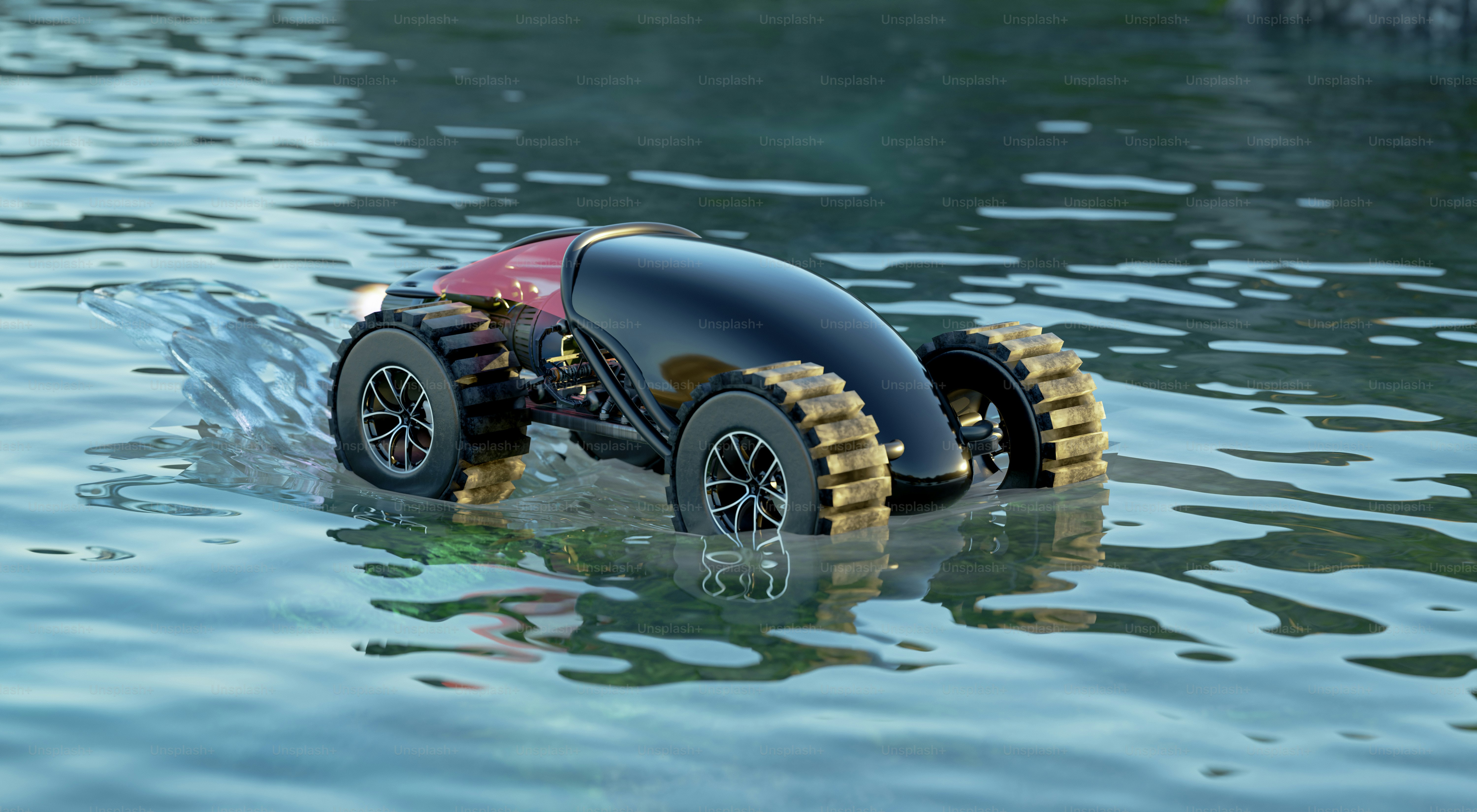 A toy car that is in the water
