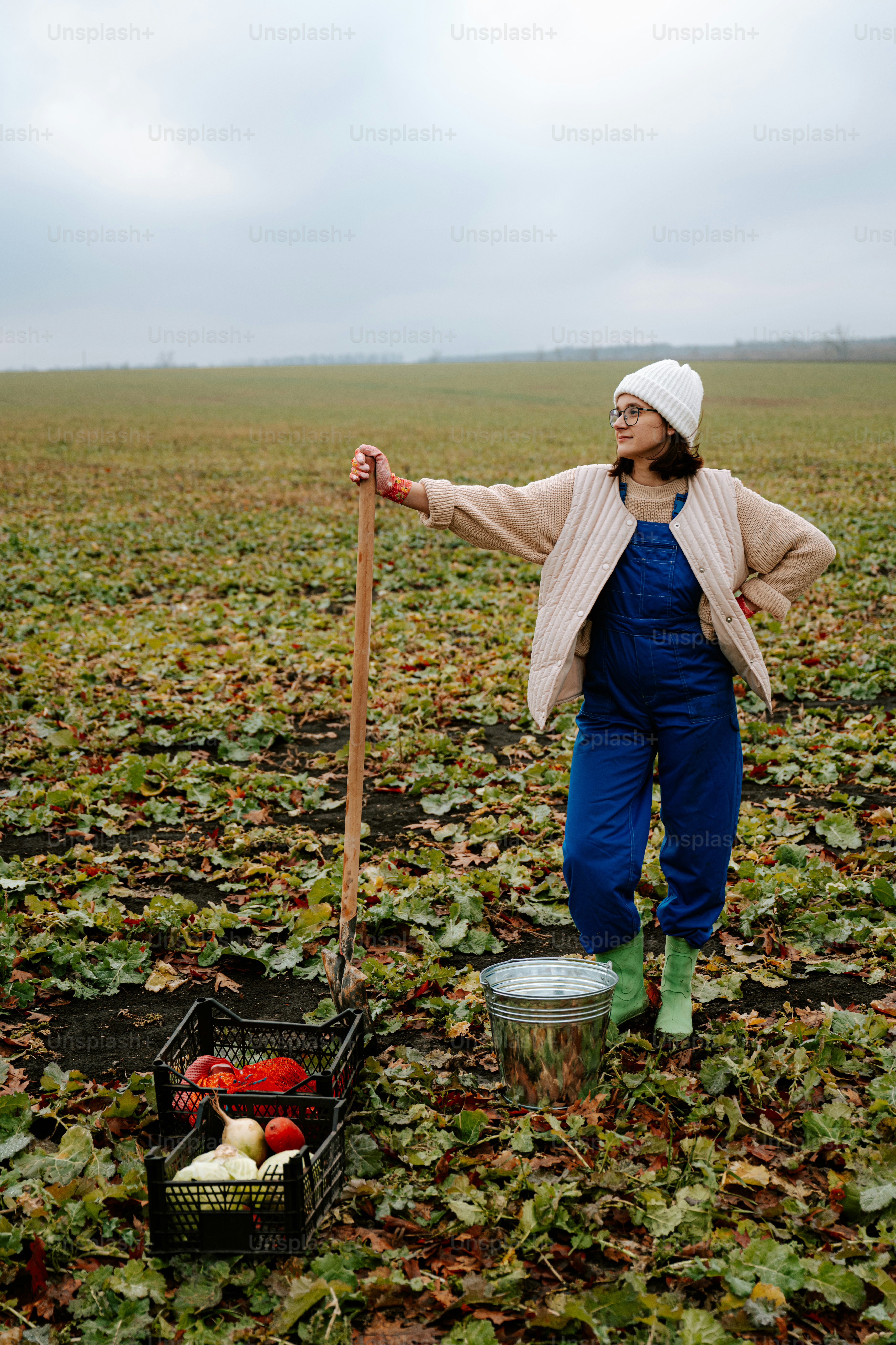Una donna, standing, in, uno, campo, tenente, uno, bastone
