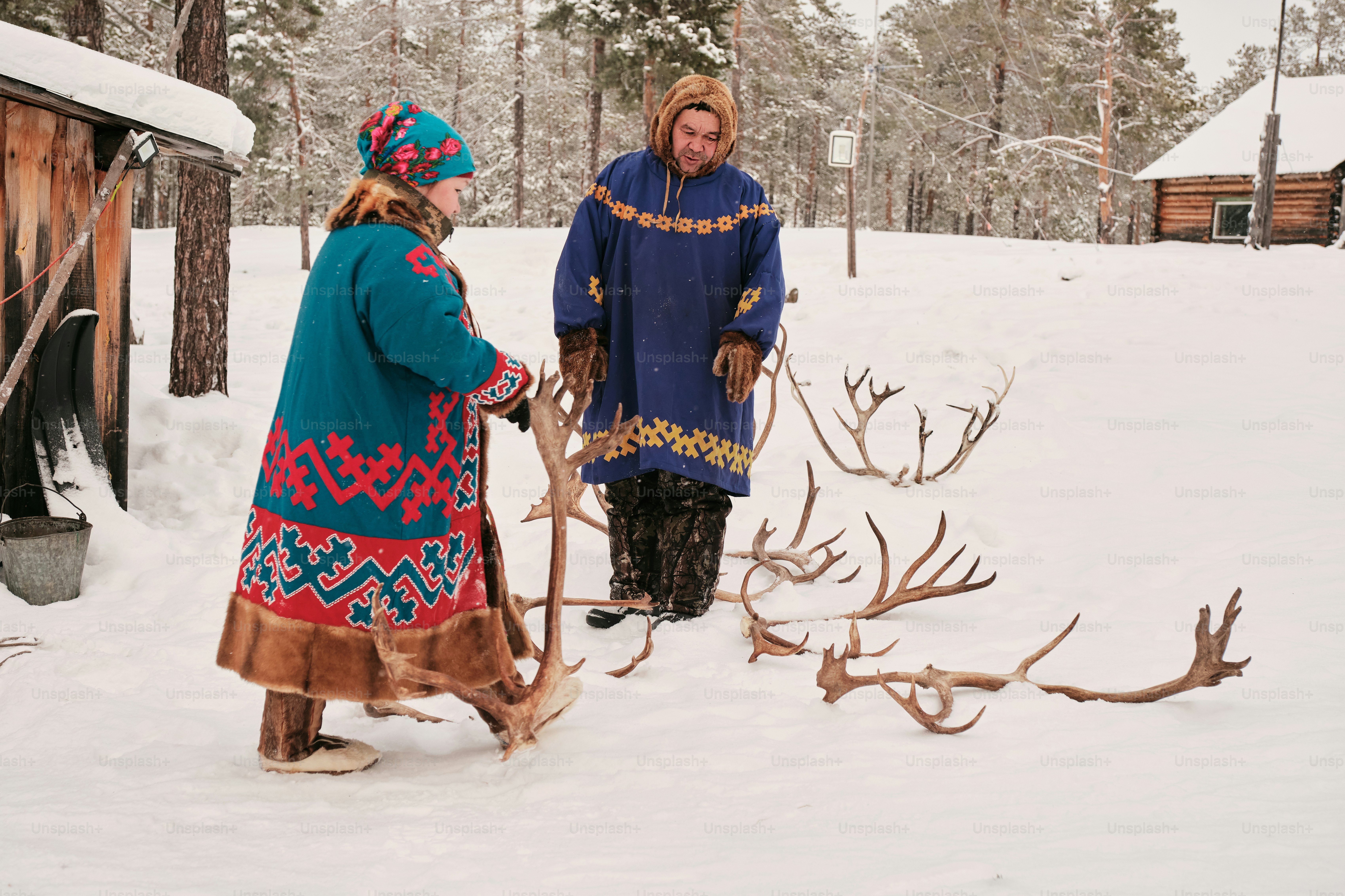 Details of life of small peoples of the North: Khanty (Ugric indigenous people) at their reindeer camp.