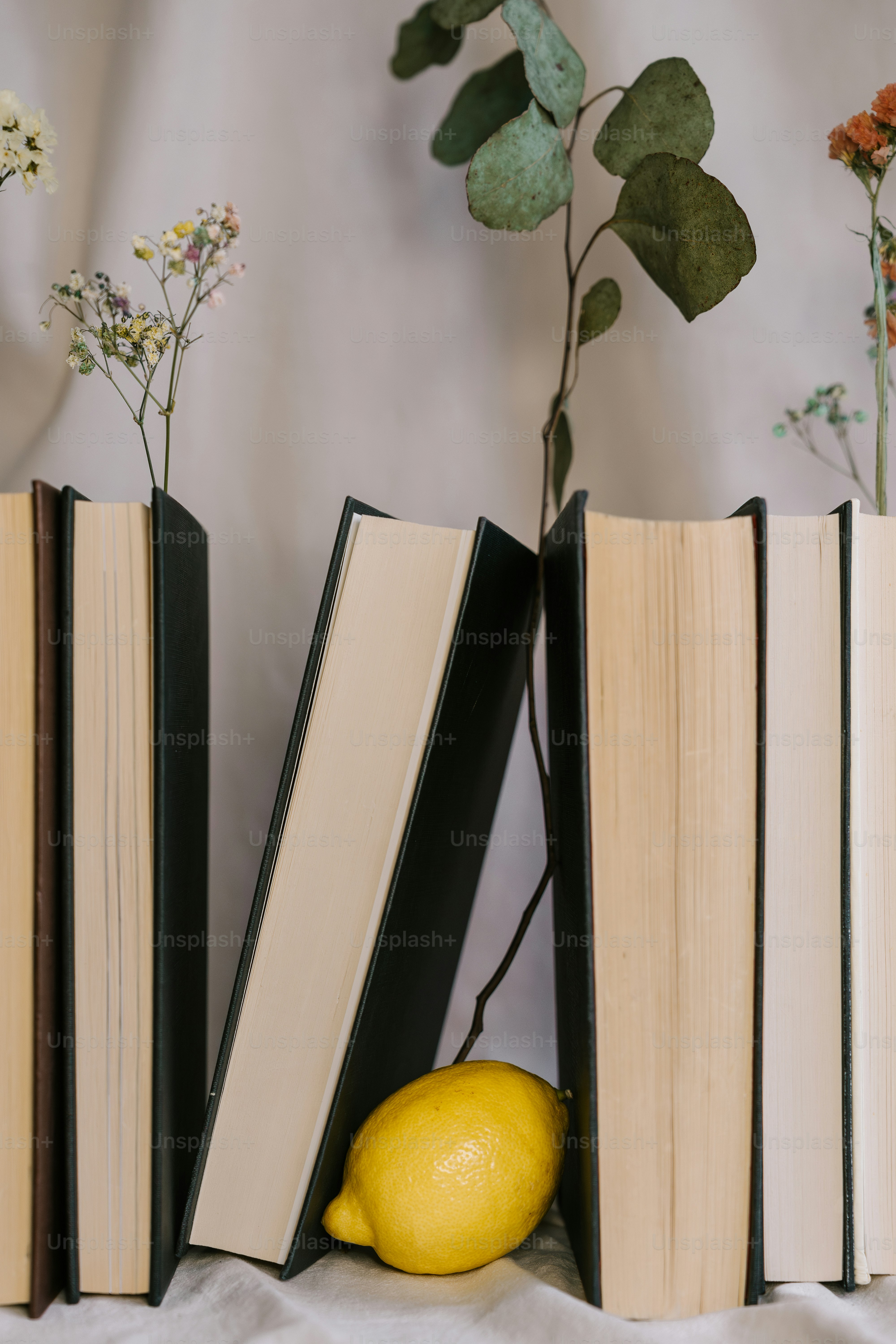 Three books and a lemon on a bed