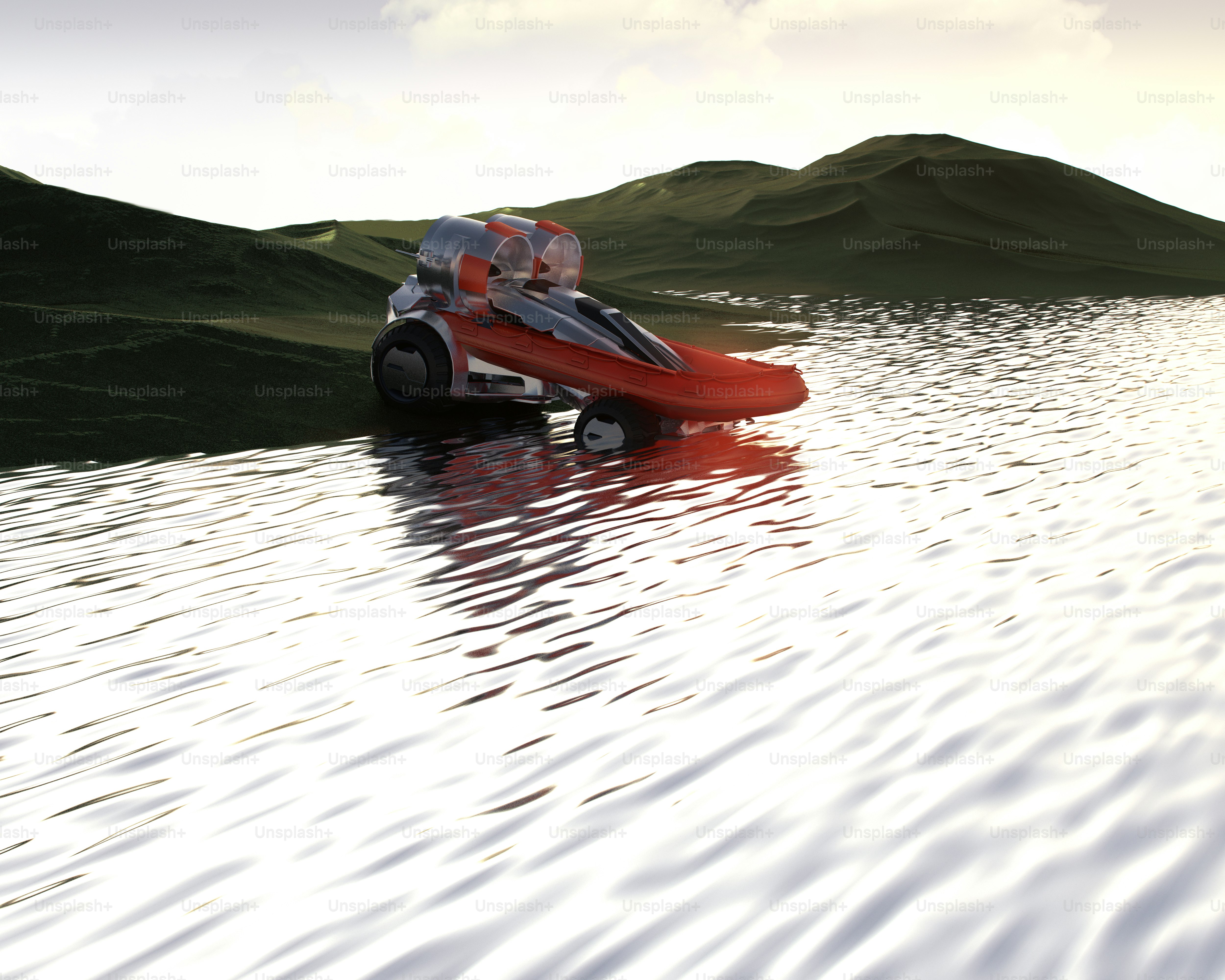 A red boat floating on top of a body of water