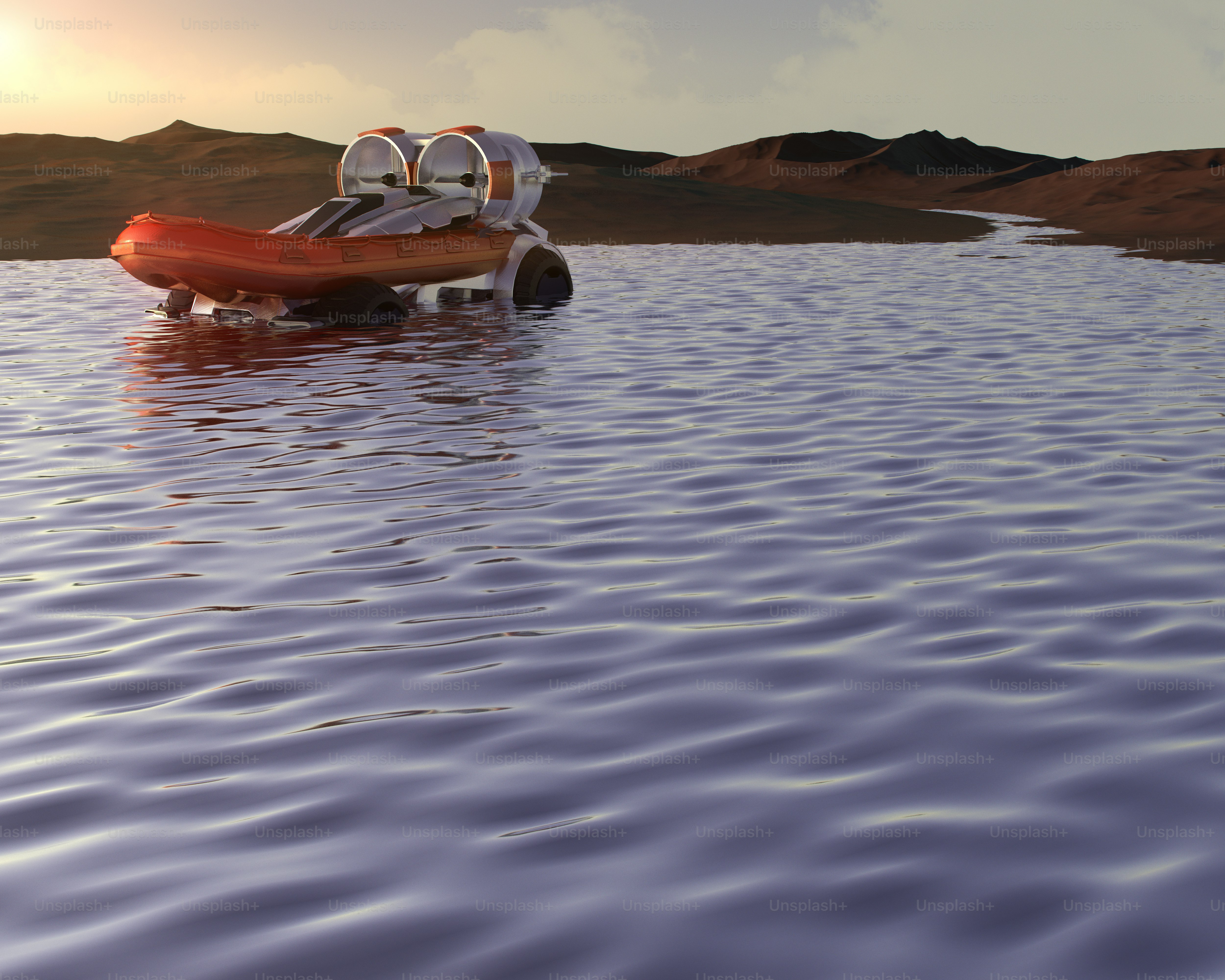 A small boat floating on top of a large body of water