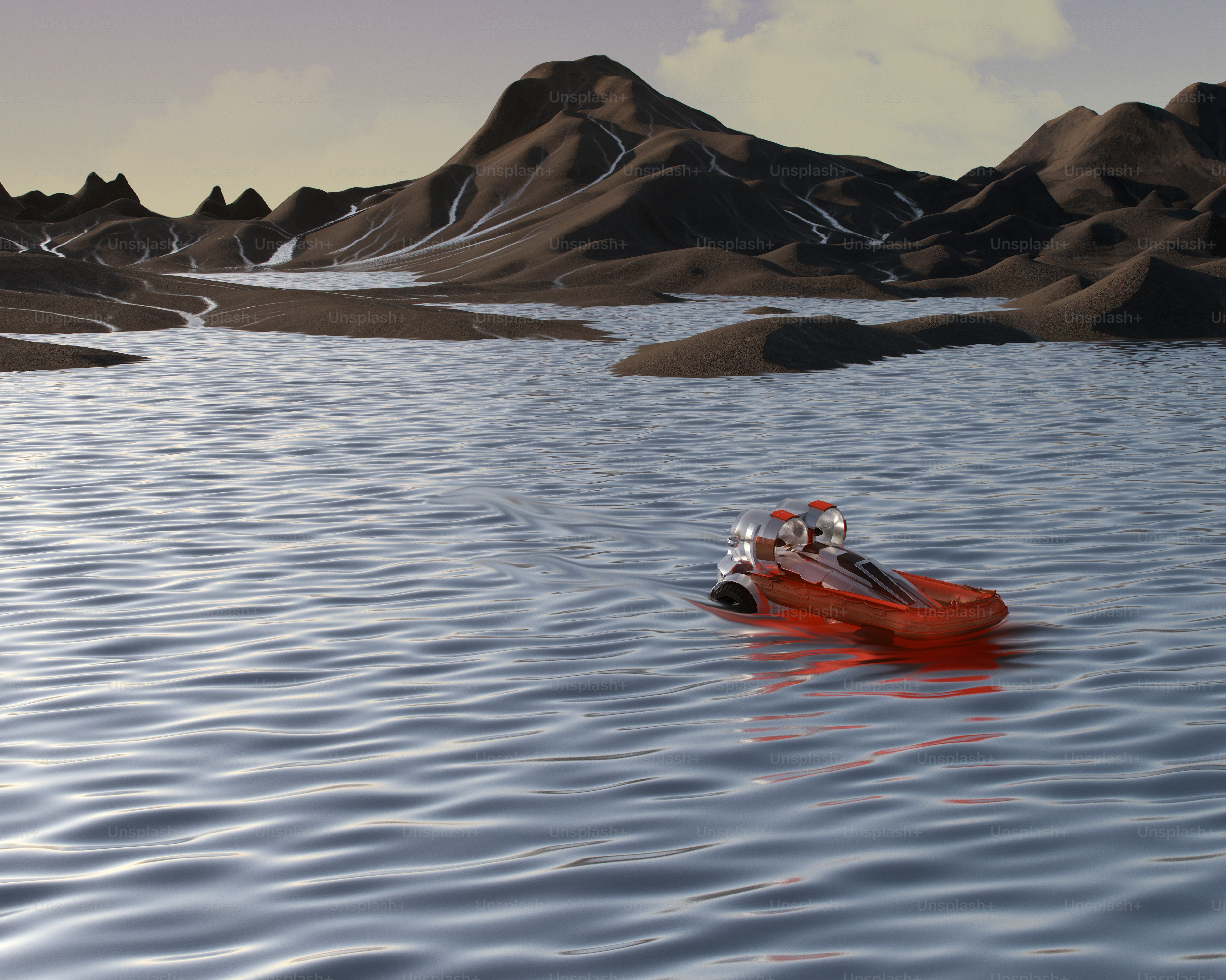 A red boat floating on top of a lake surrounded by mountains