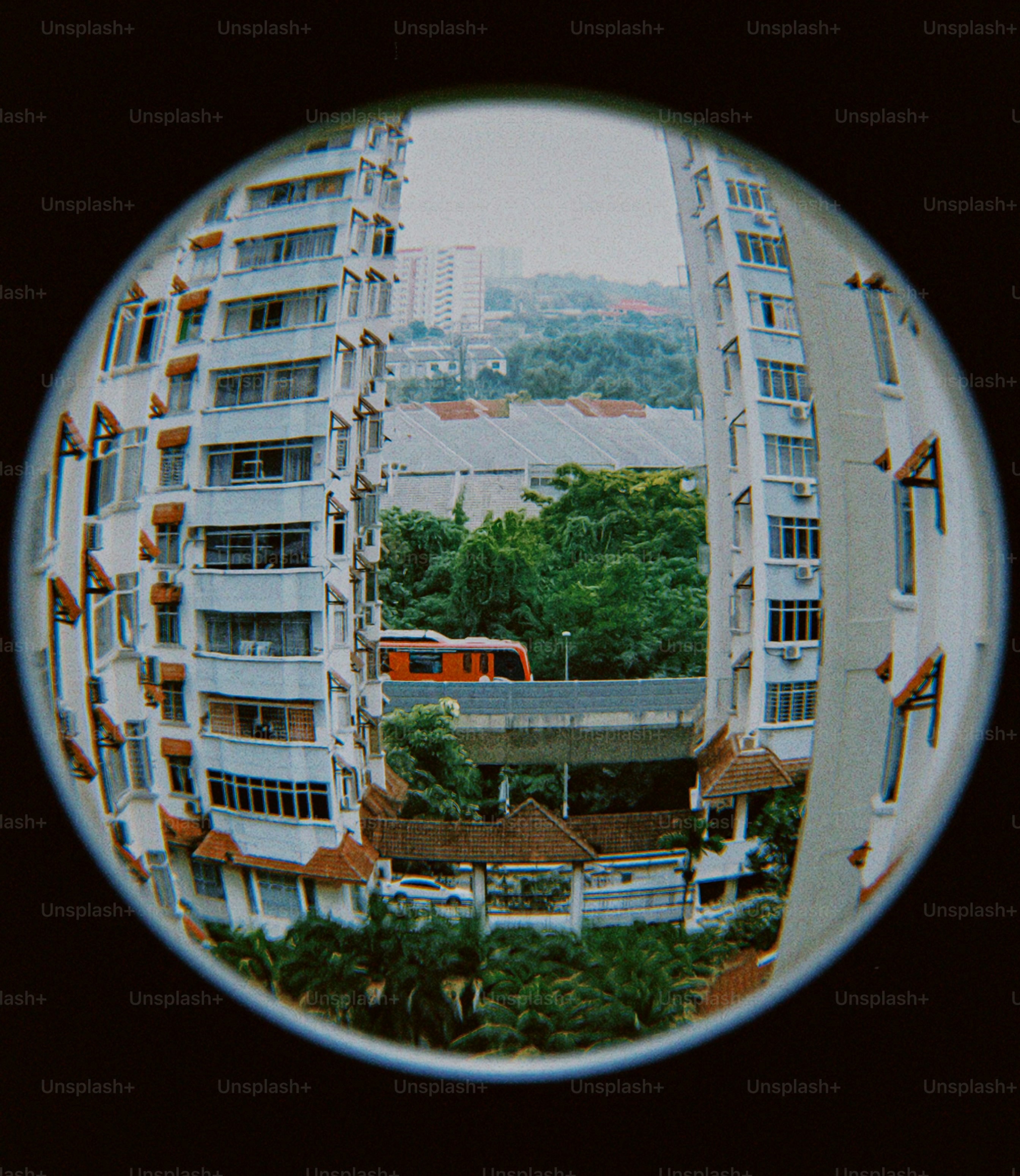 A view of a building through a fish eye lens