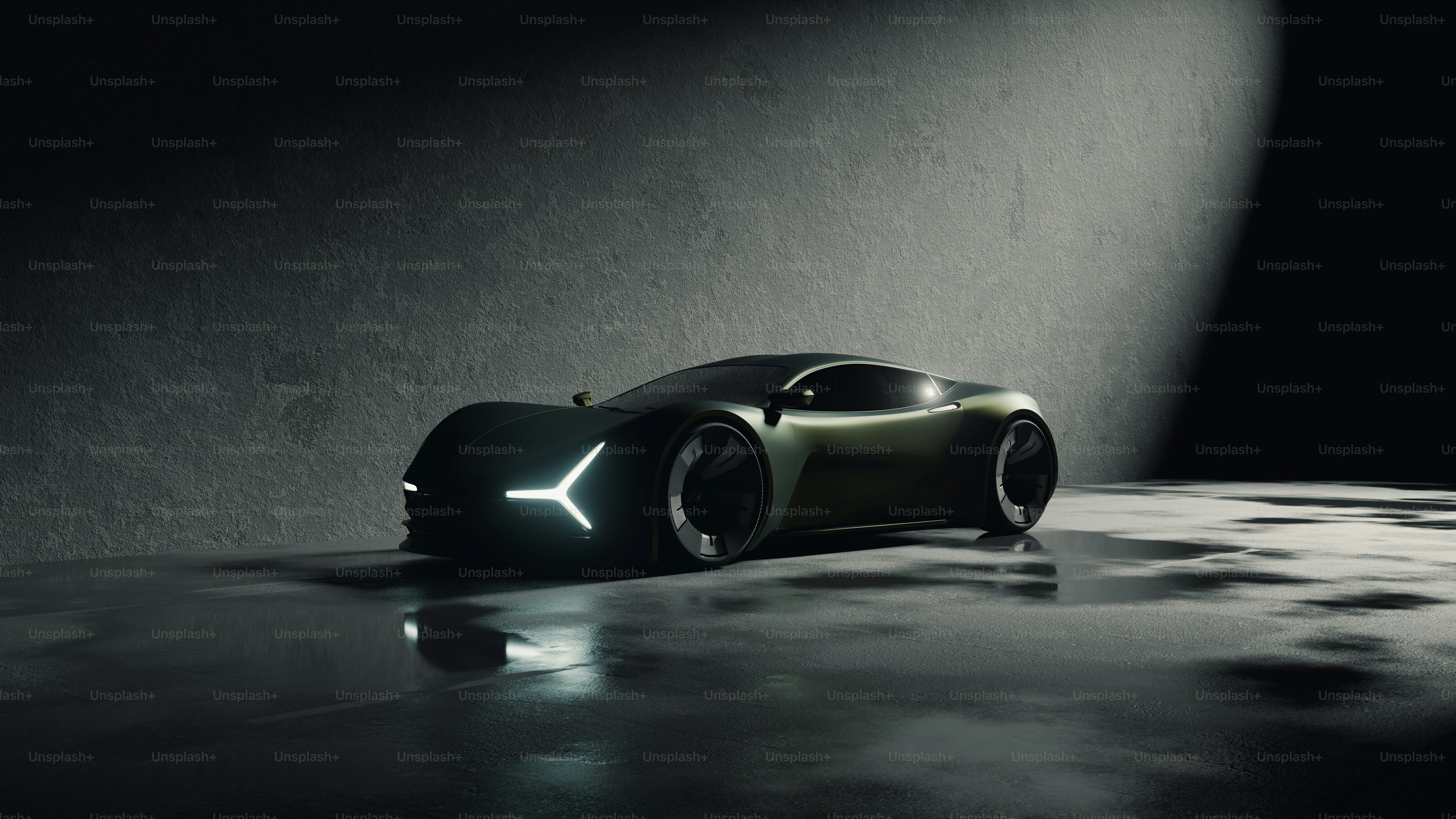 A futuristic car is shown in a dark room