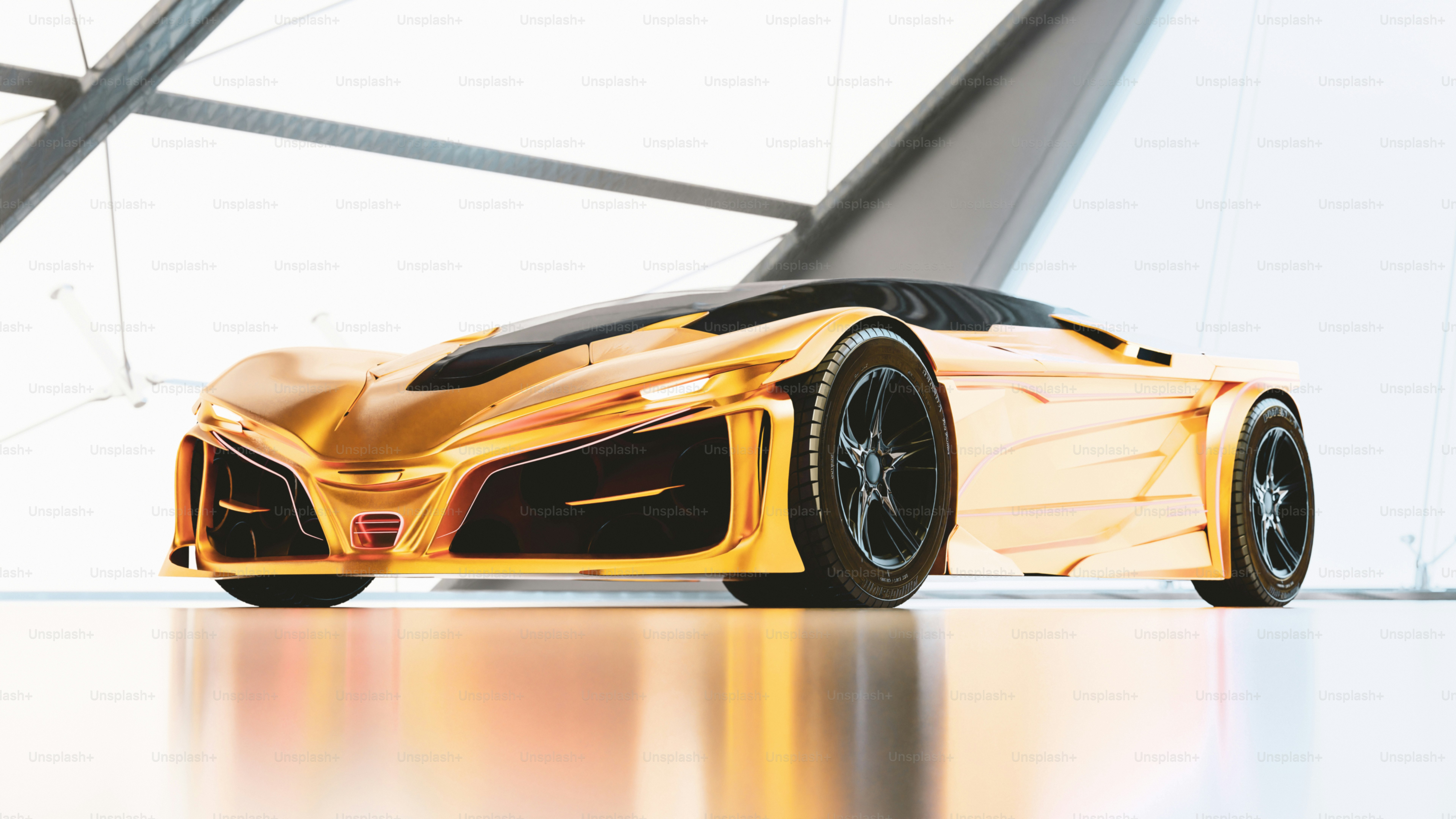 A yellow sports car parked inside of a building