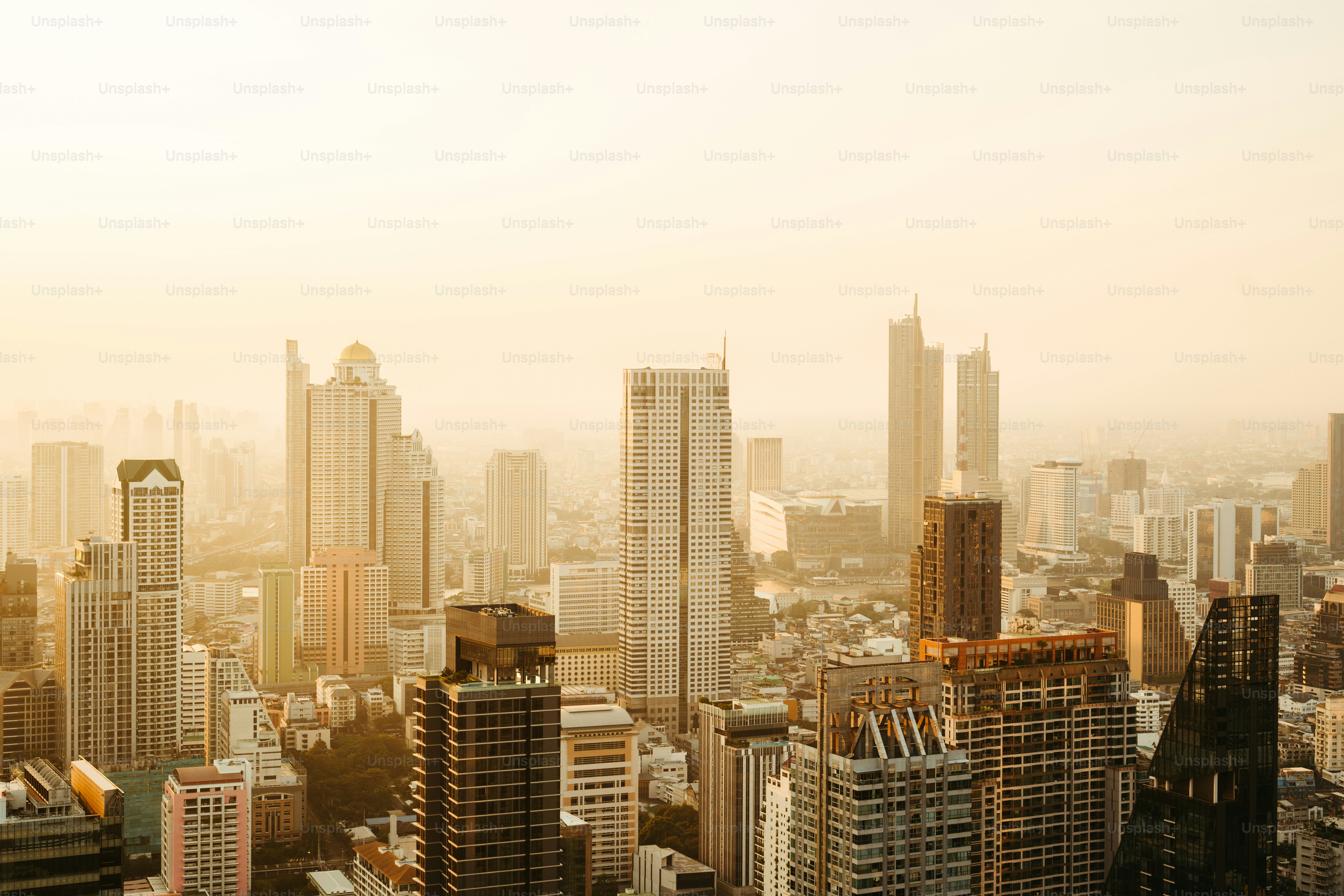 A view of a city with tall buildings