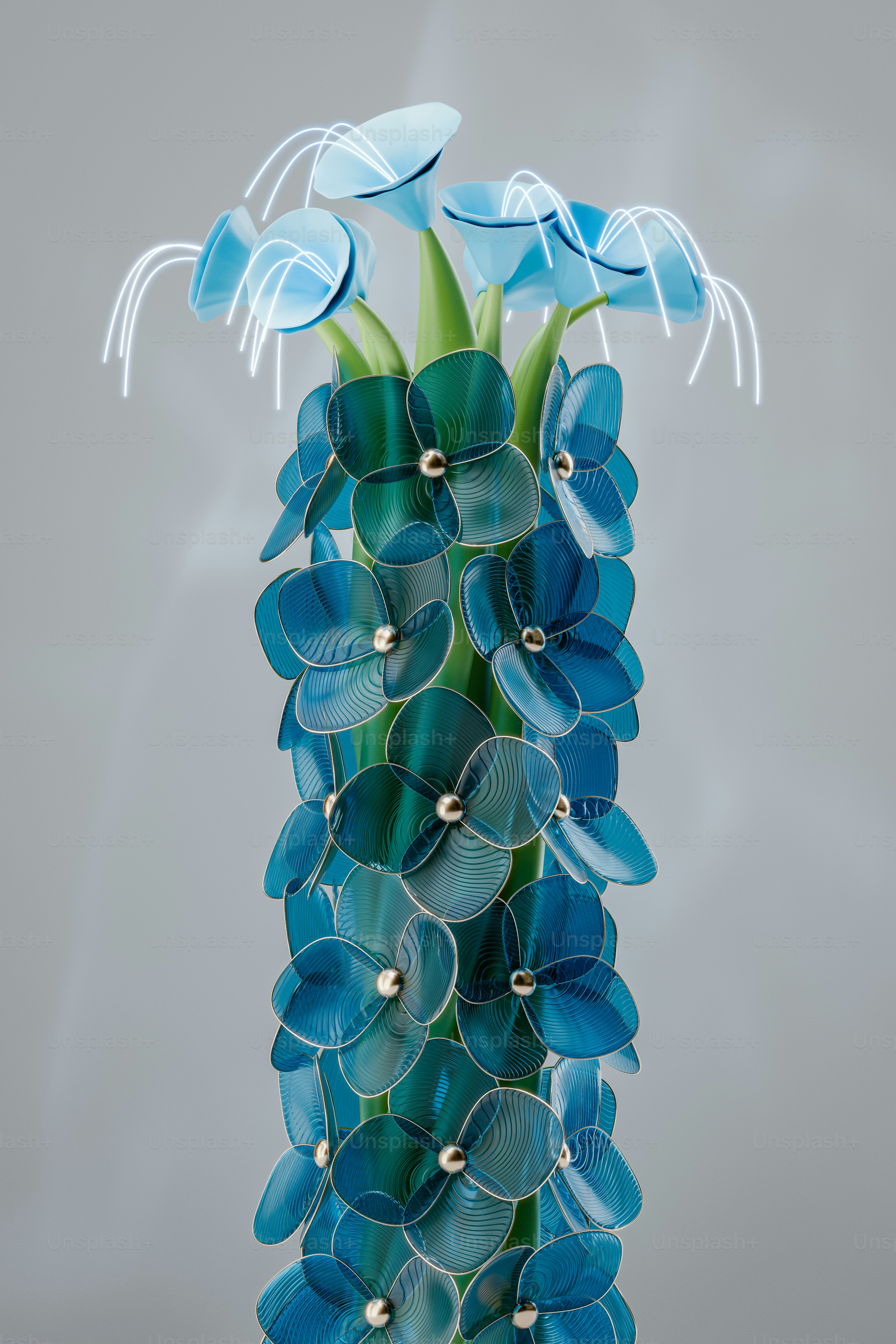 A glass vase with blue flowers in it