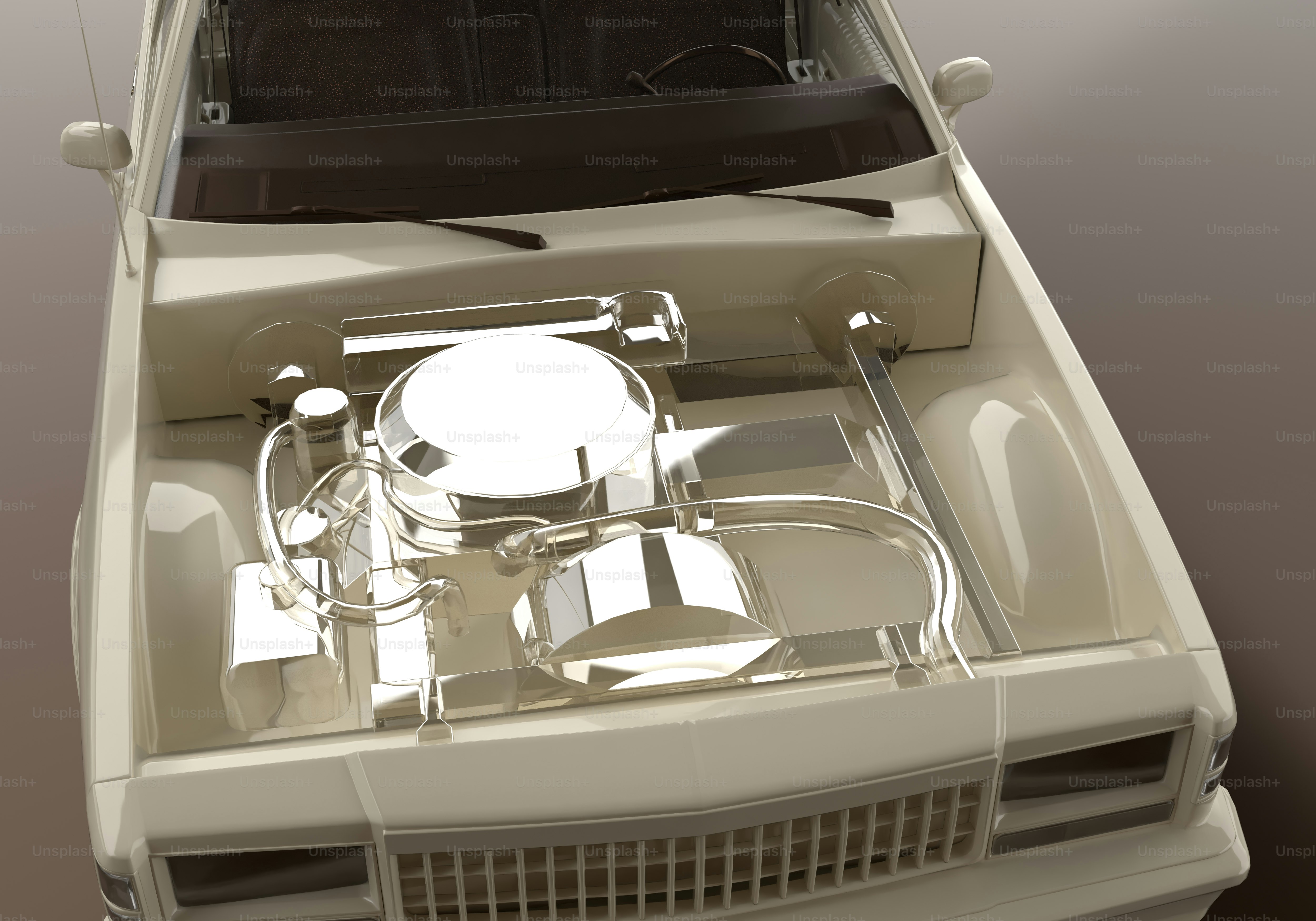 A white car with its hood open and a boat in the background