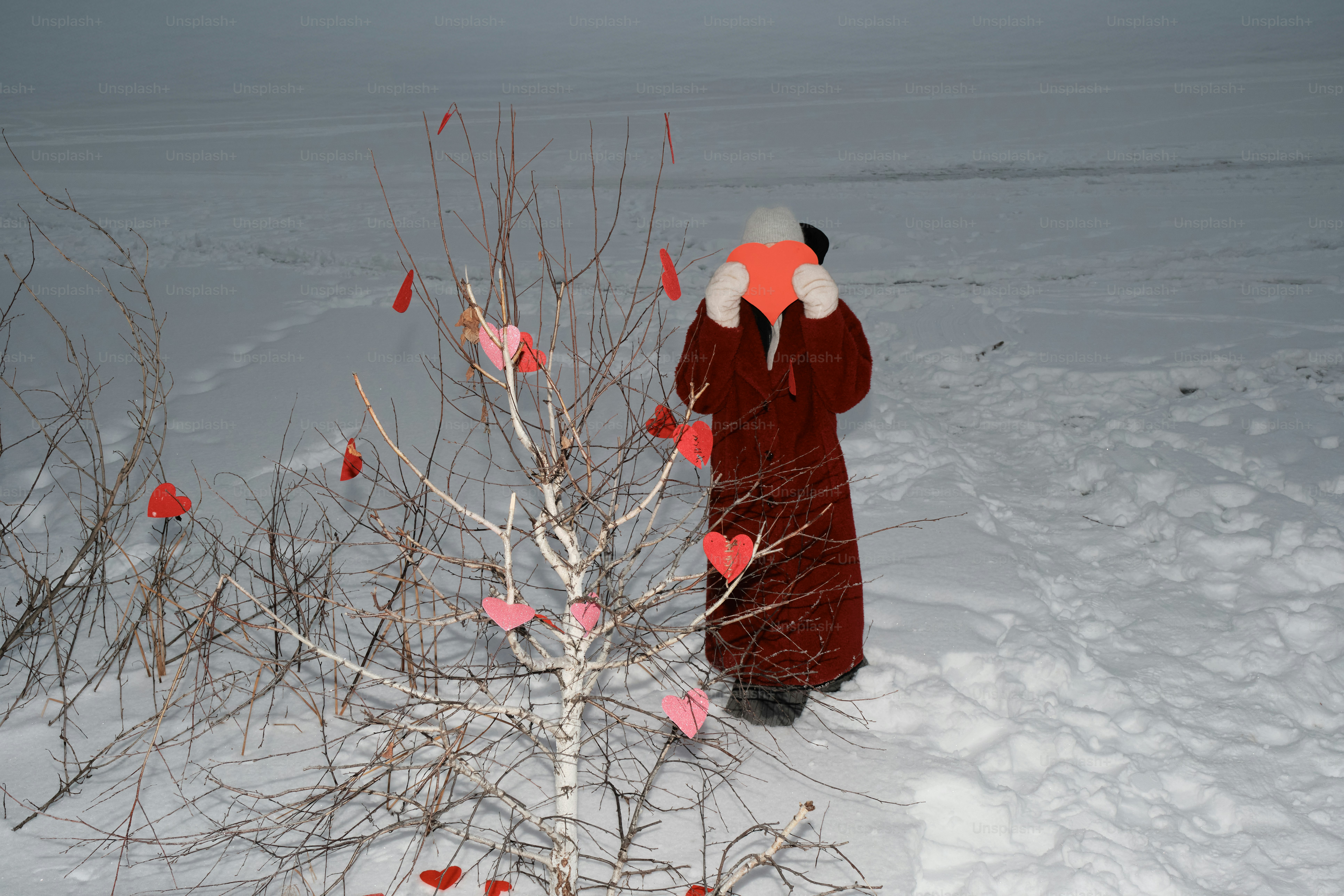 A person in a red coat standing next to a tree