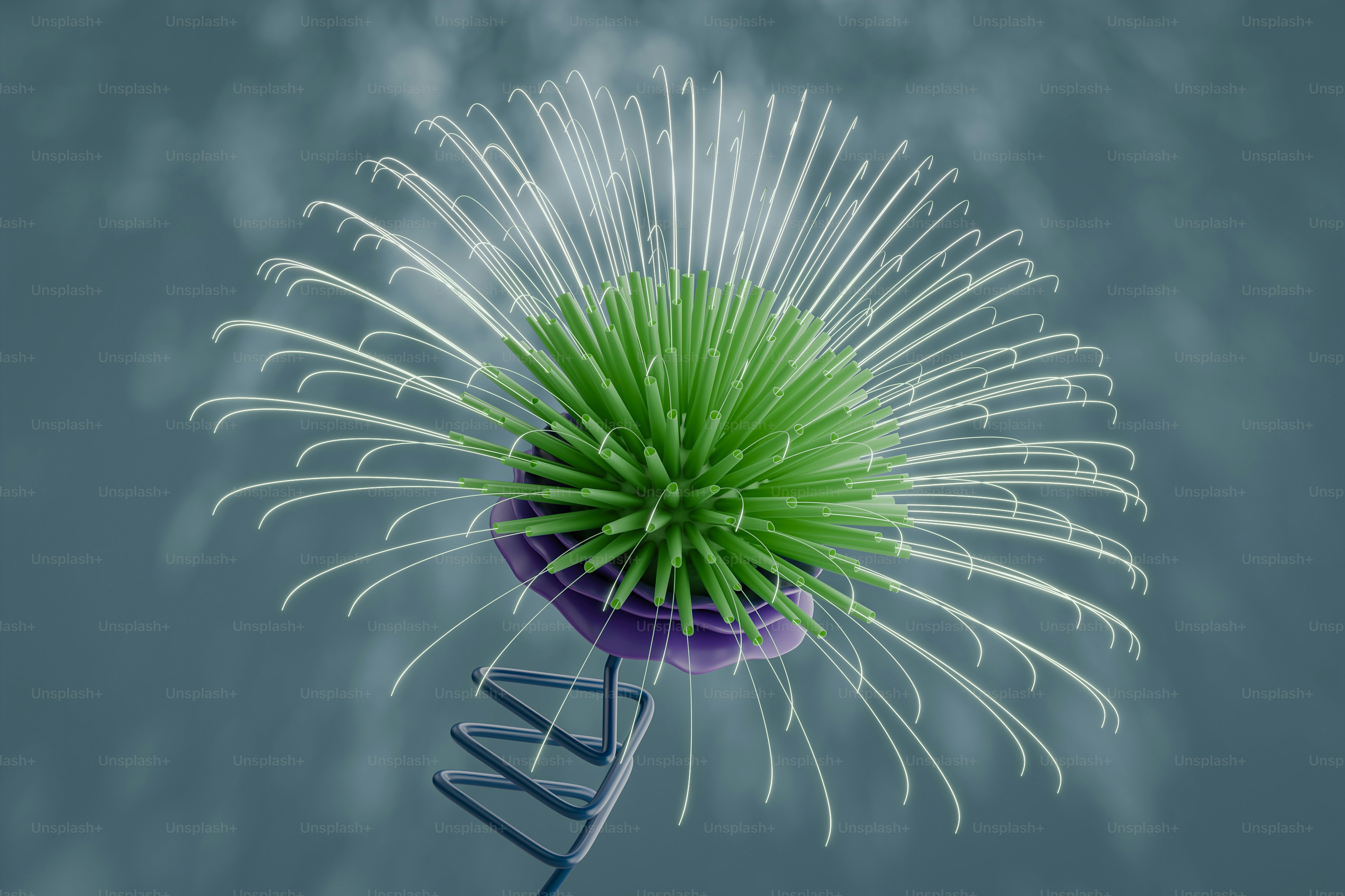 A green and white flower in the air