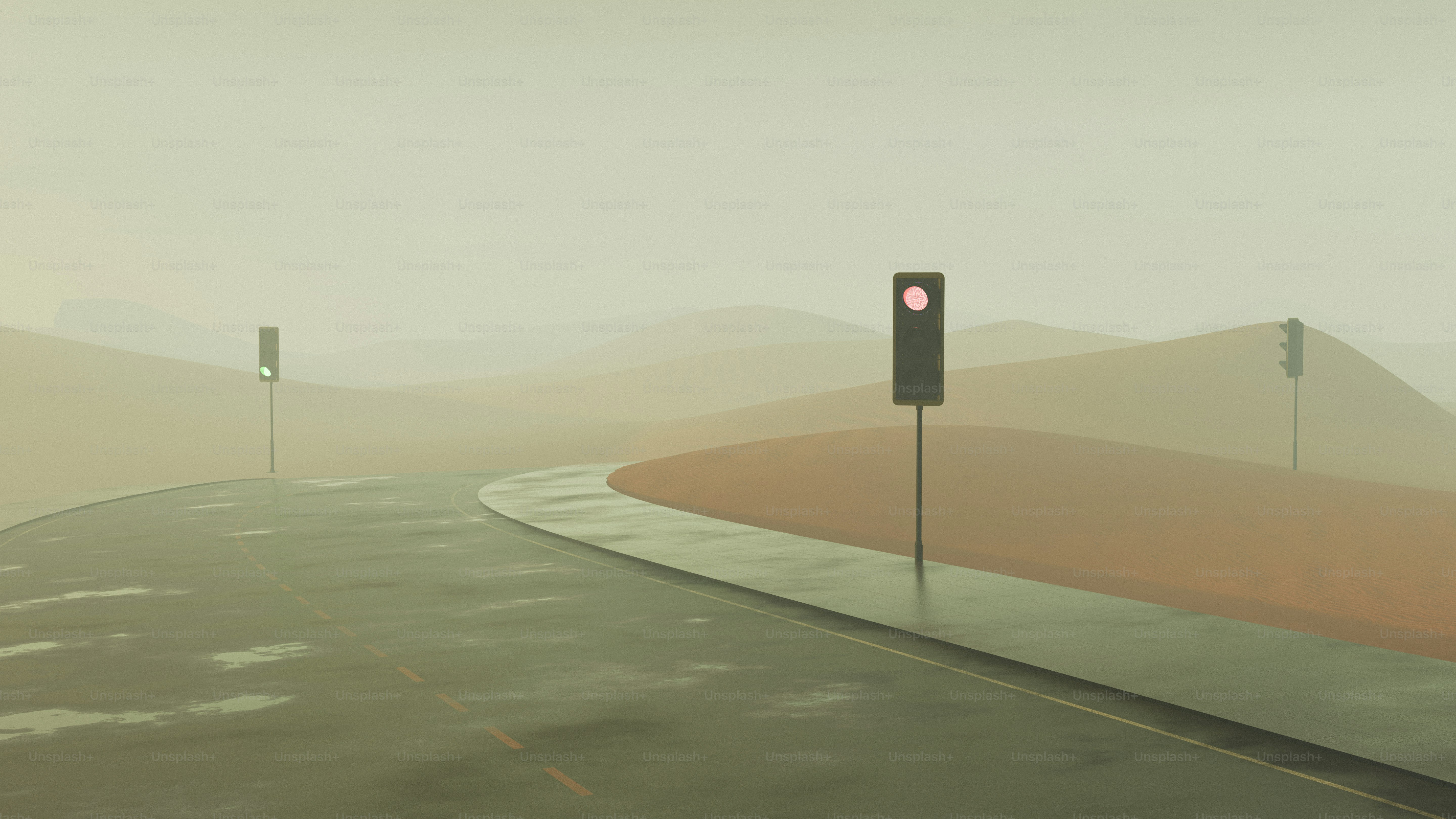 Traffic lights glowing amidst a remote, foggy area, casting an ethereal and dramatic ambiance.