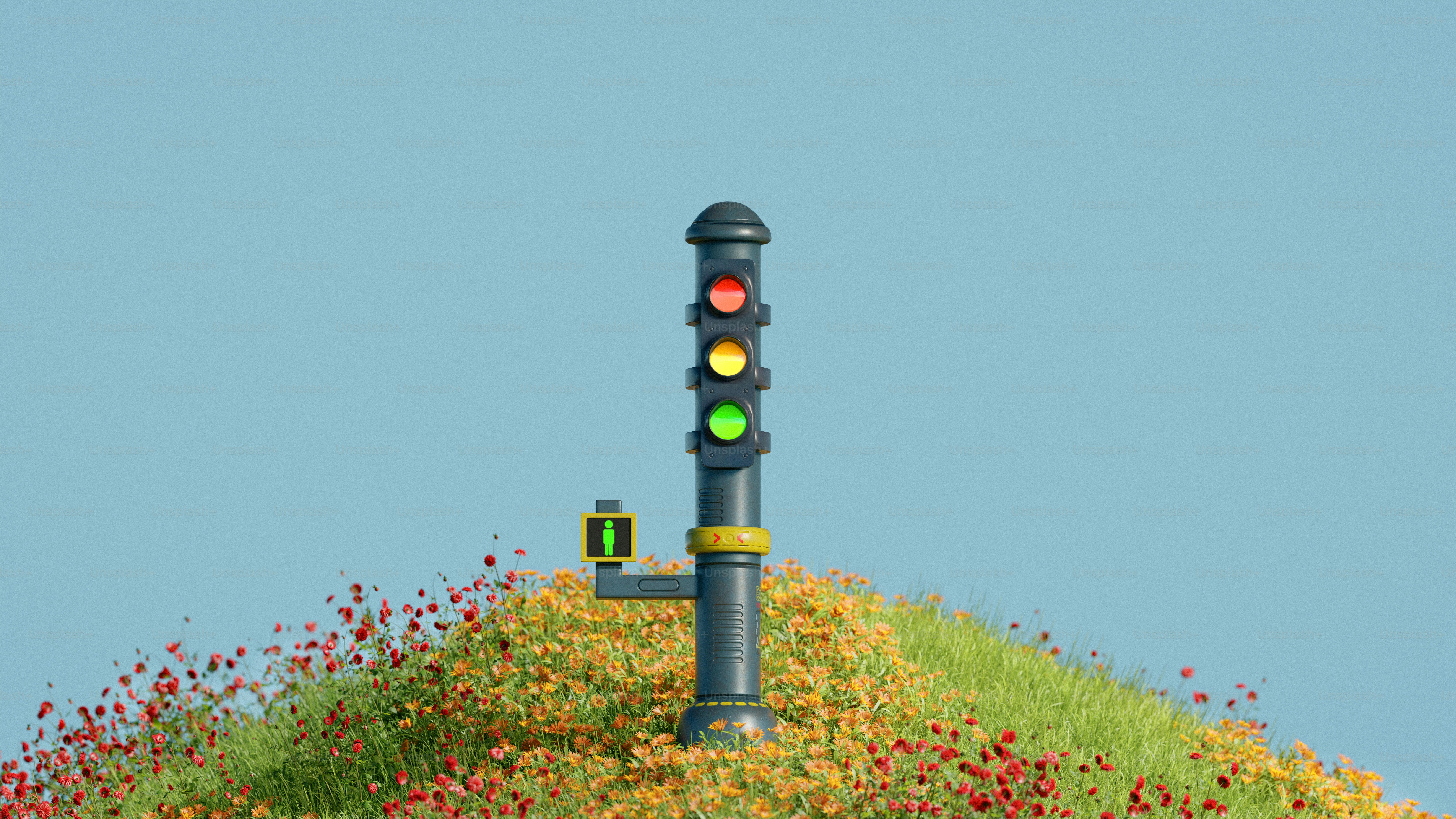 A traffic light sitting on top of a green hill