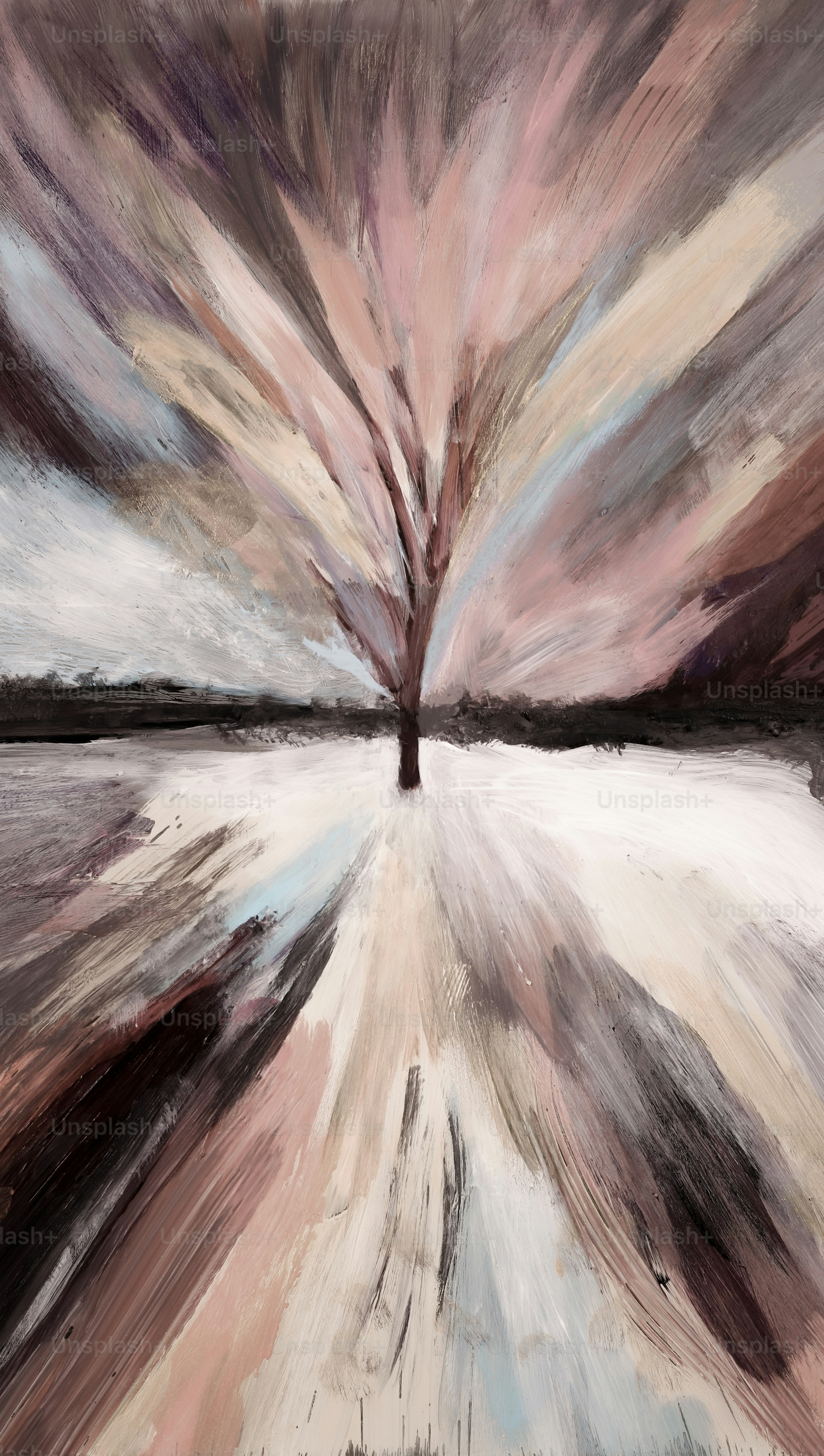 A painting of a tree with a sky background