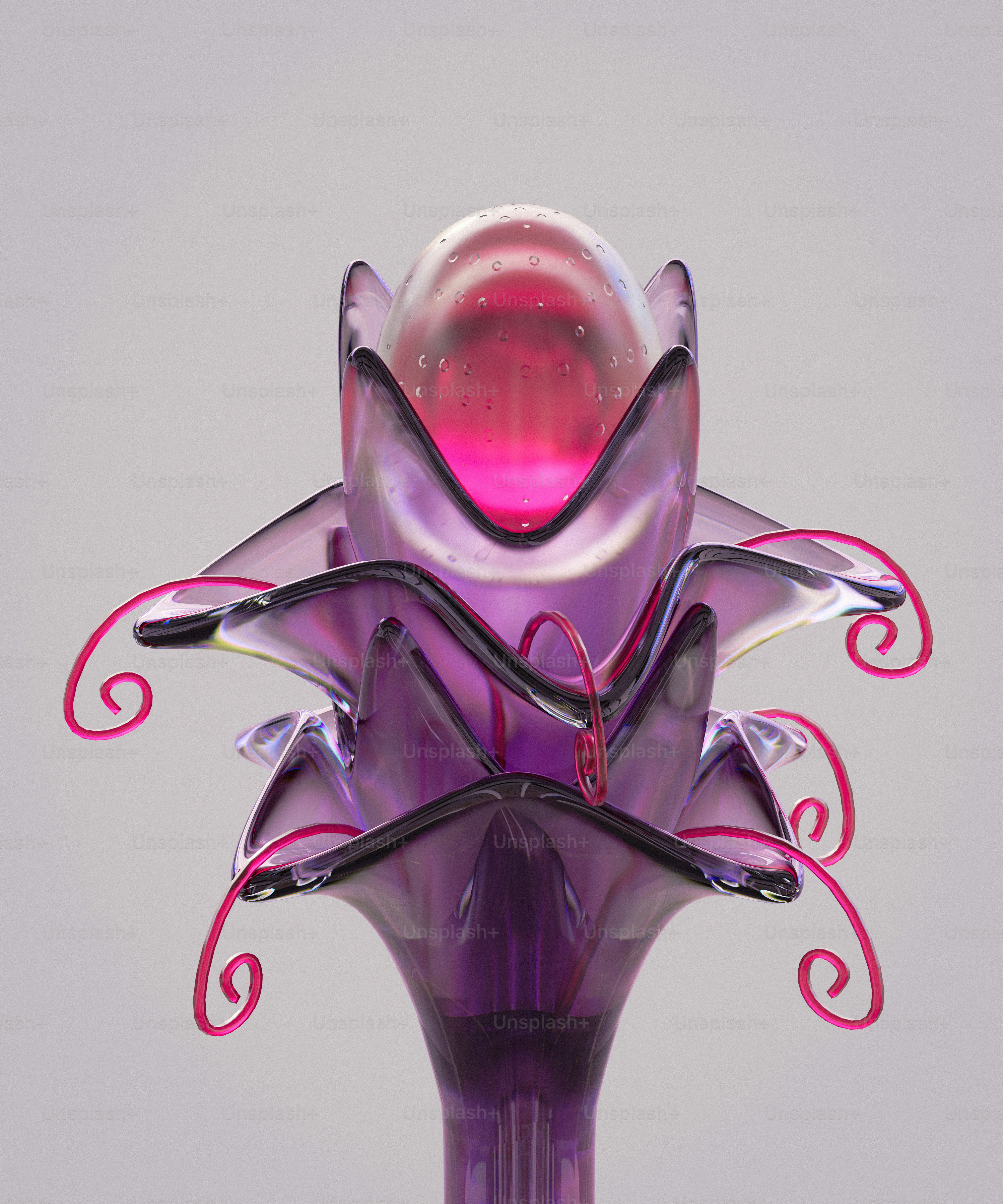 A purple vase with a pink flower on top of it
