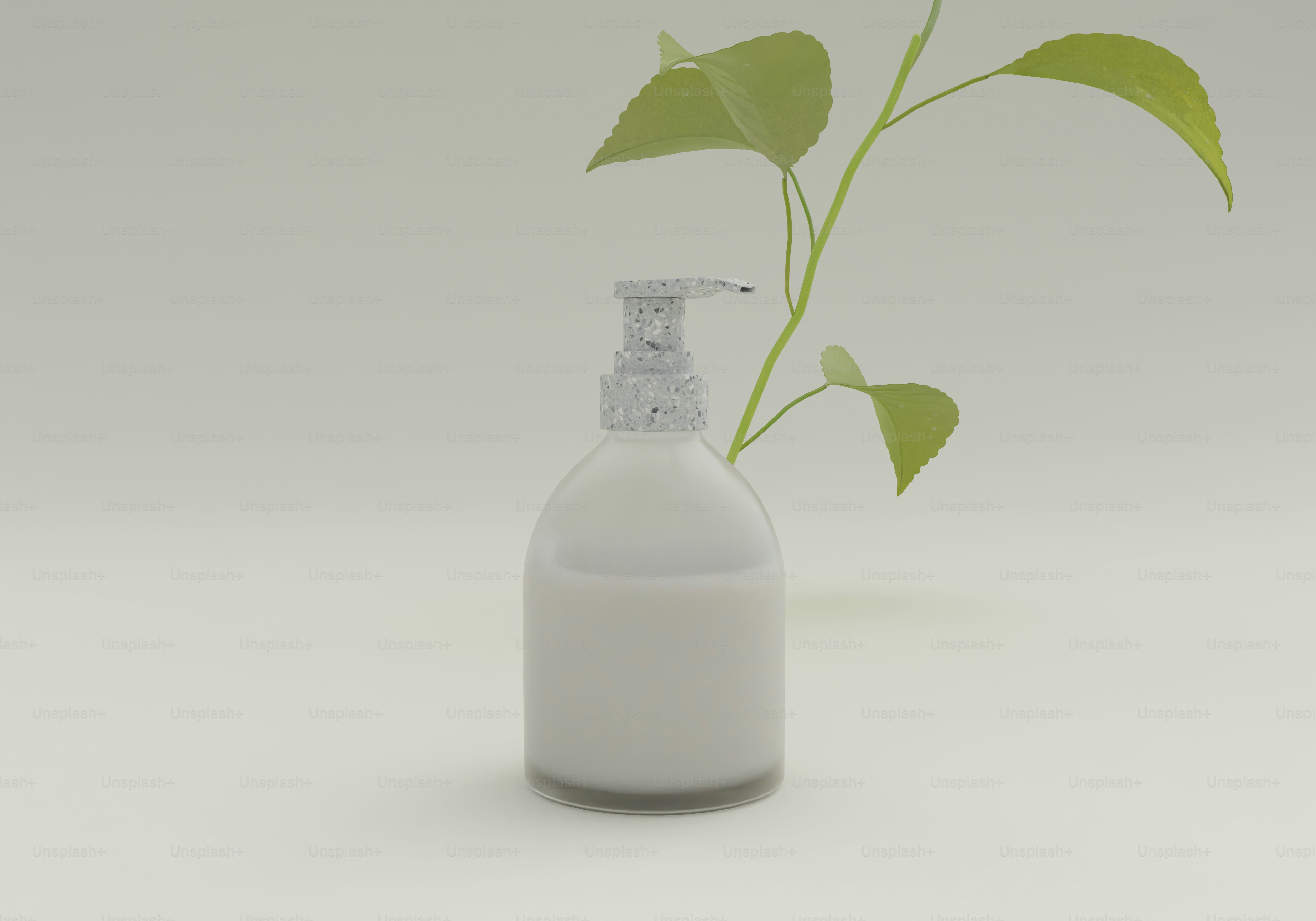 A white bottle with a green plant in it