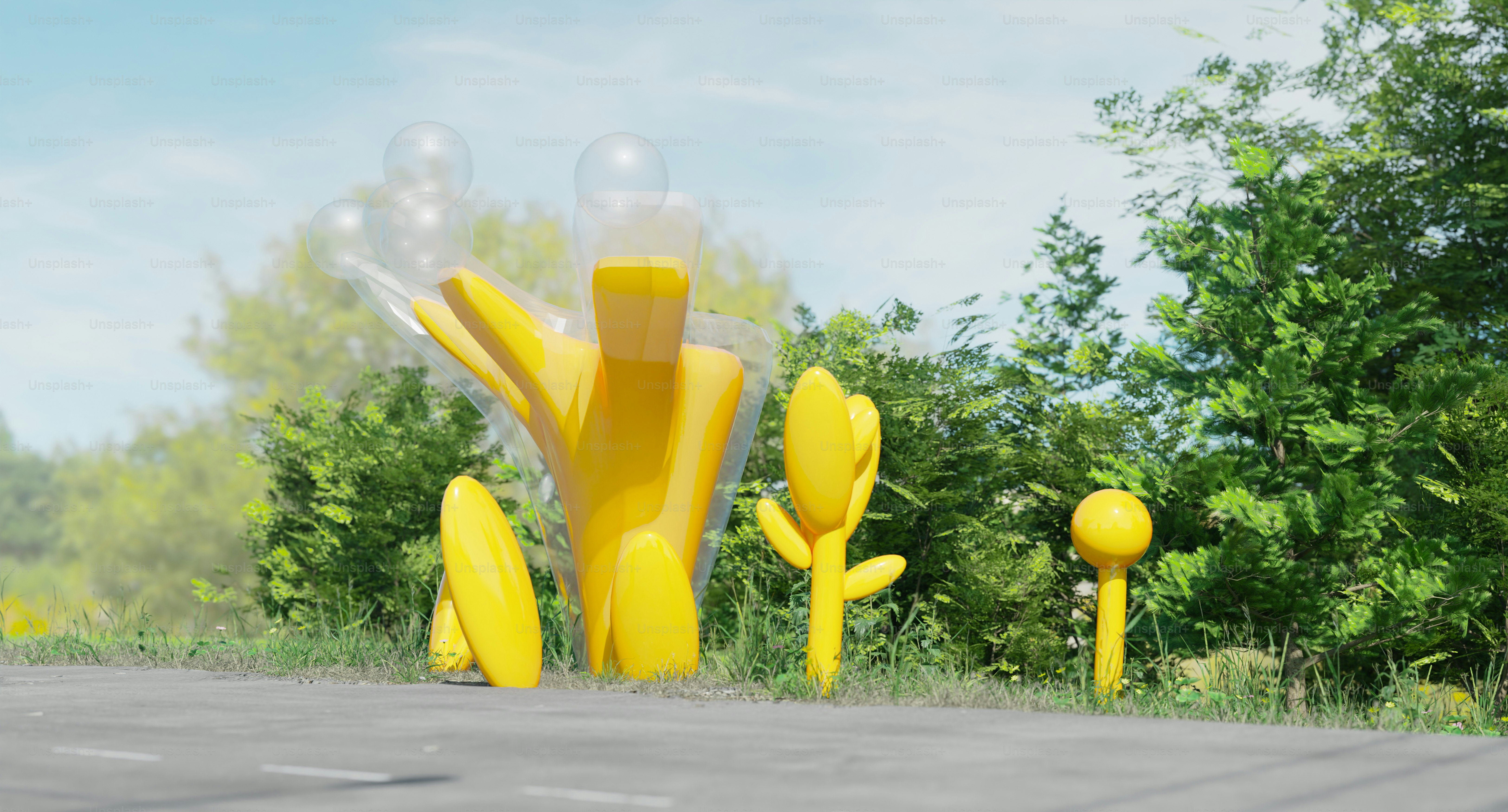 Un gruppo di sculture gialle sedute sul ciglio di una strada