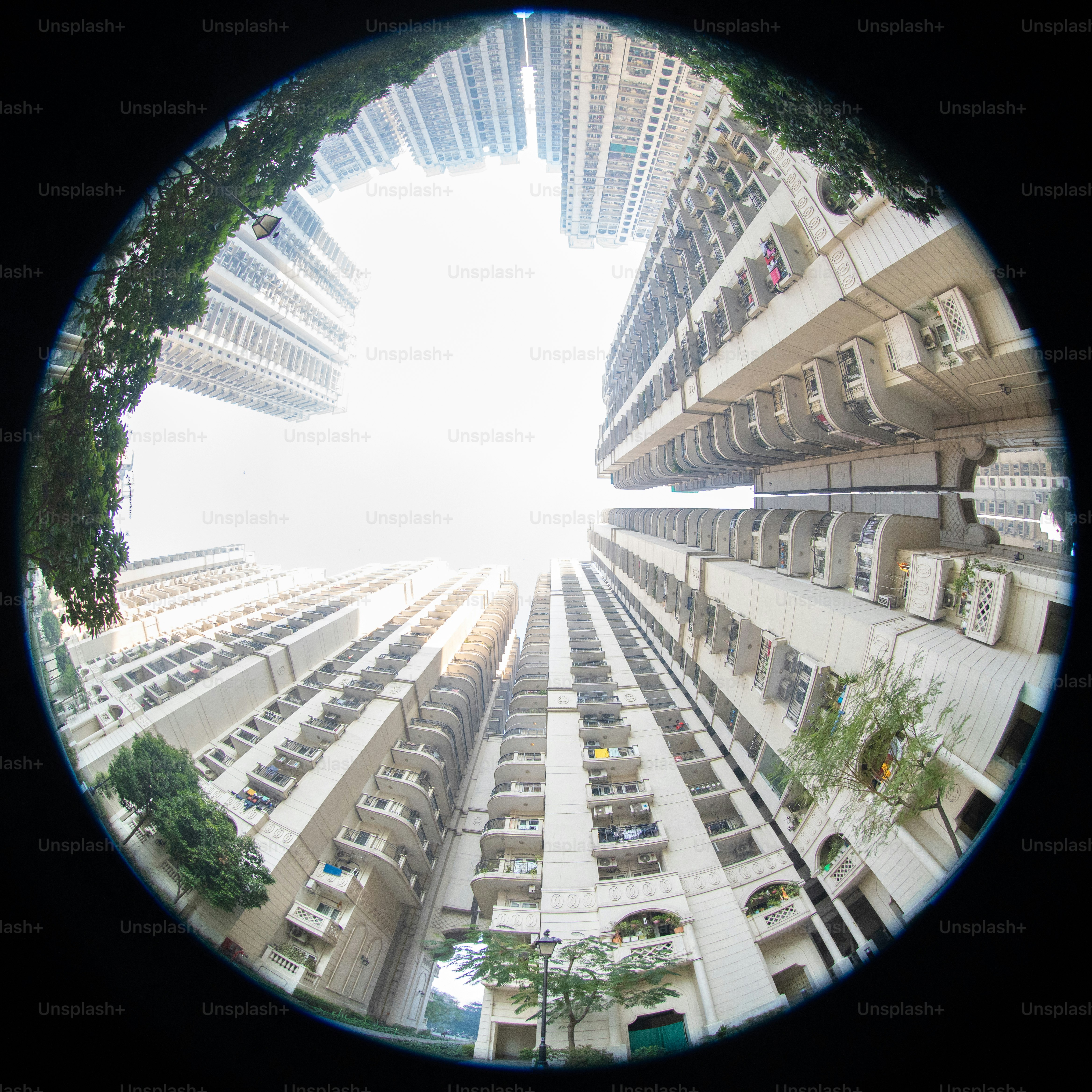 A view of a very tall building through a round window