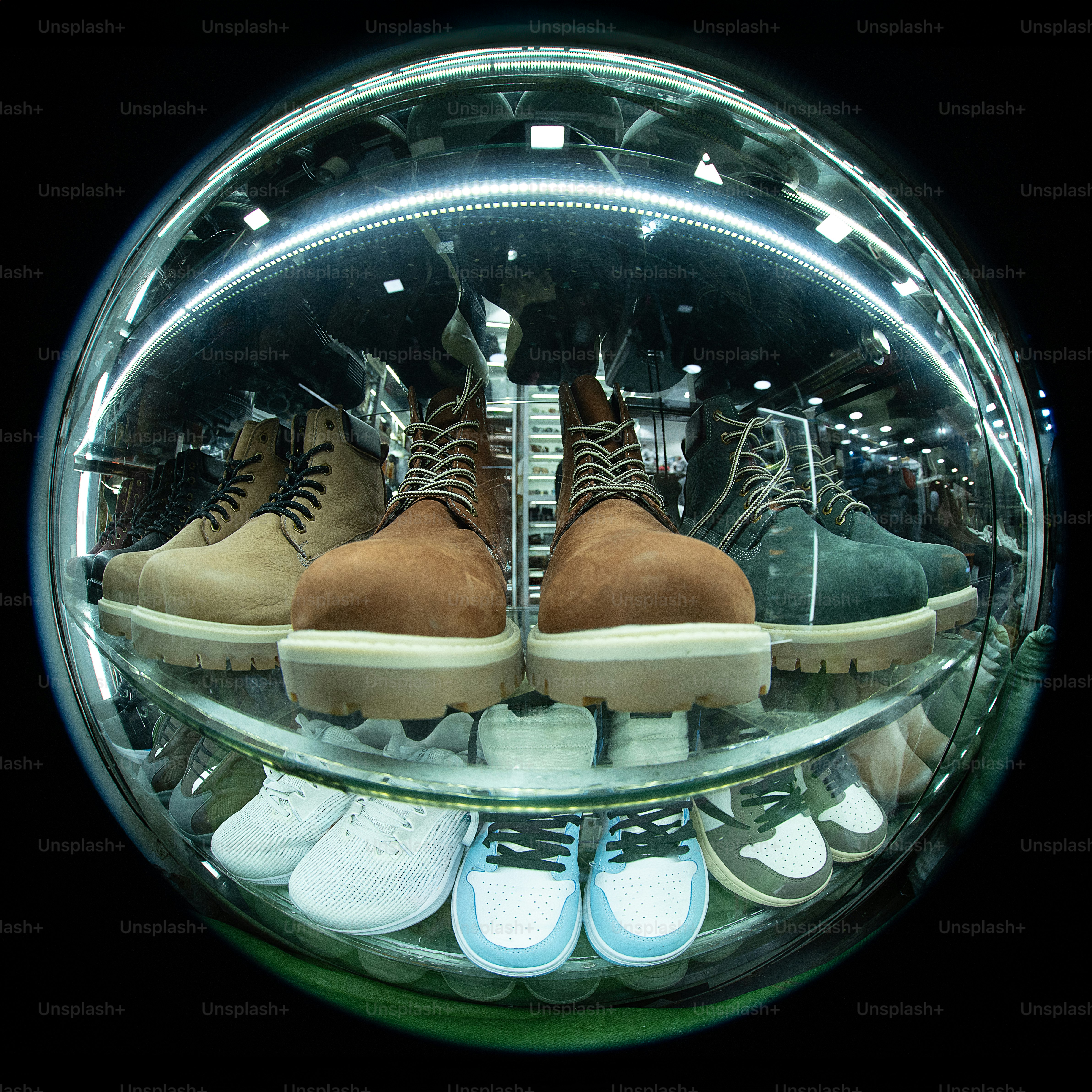 Vários pares de sapatos estão em exibição em uma vitrine circular