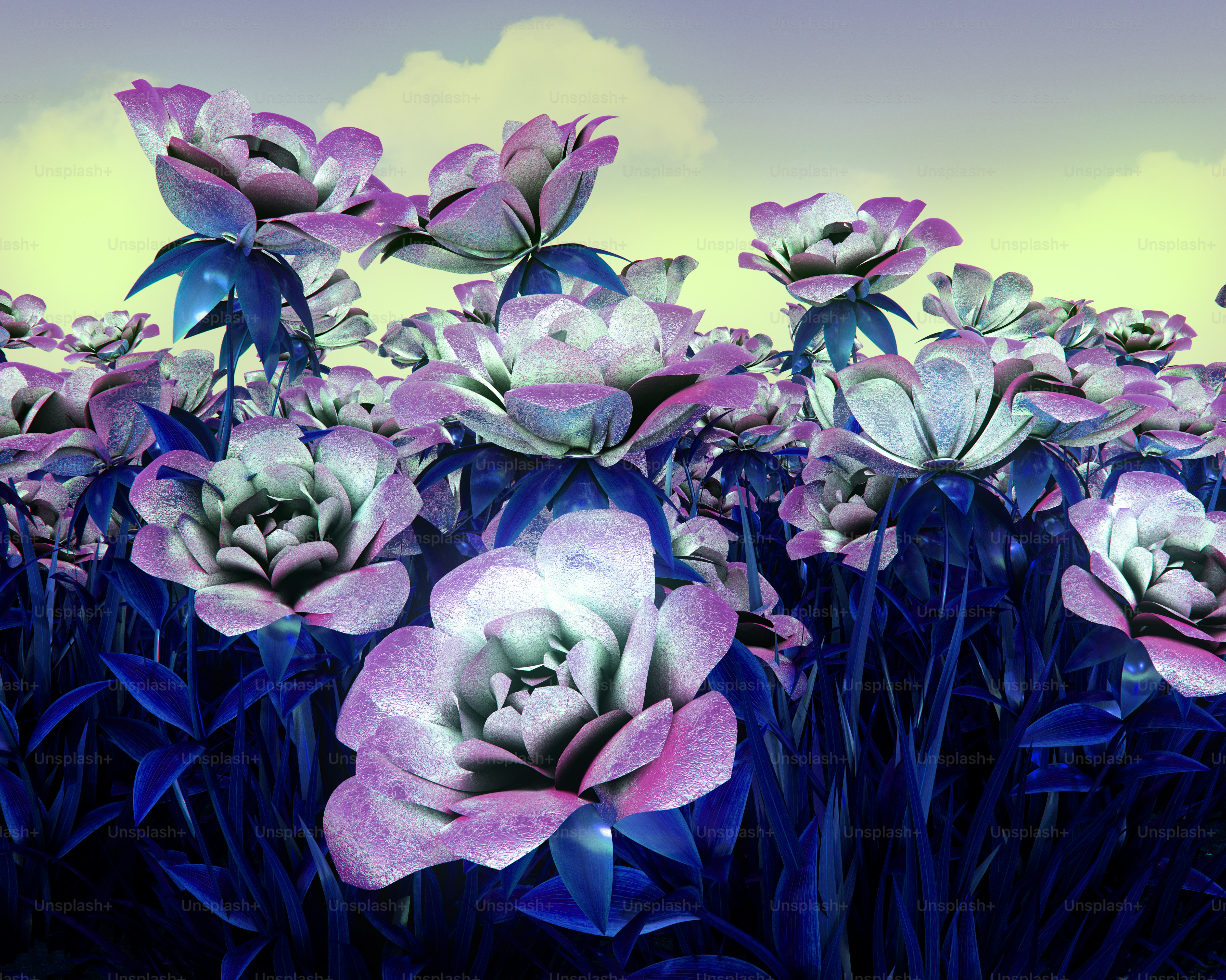 A painting of purple and white flowers in a field