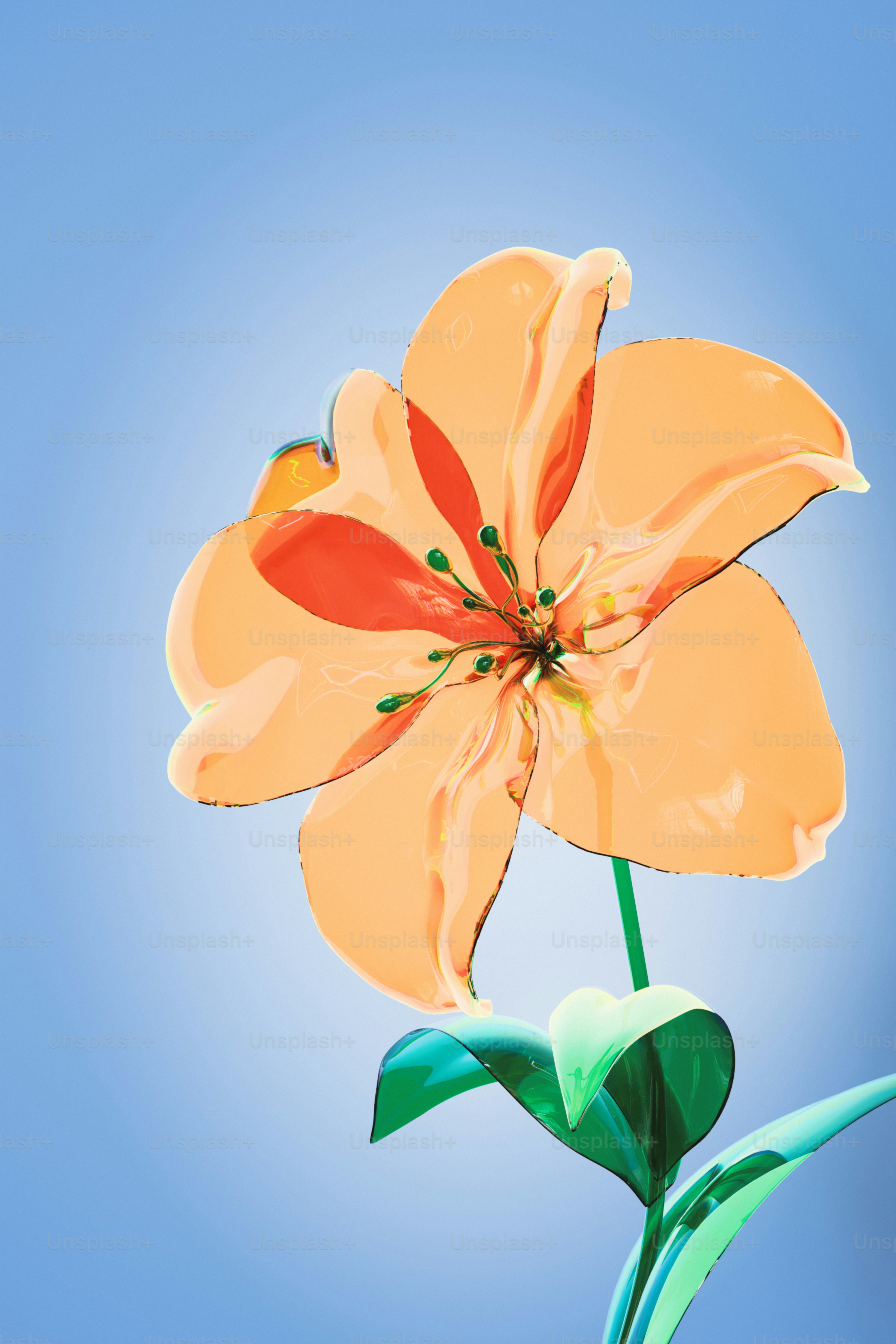Une seule fleur orange avec un ciel bleu en arrière-plan