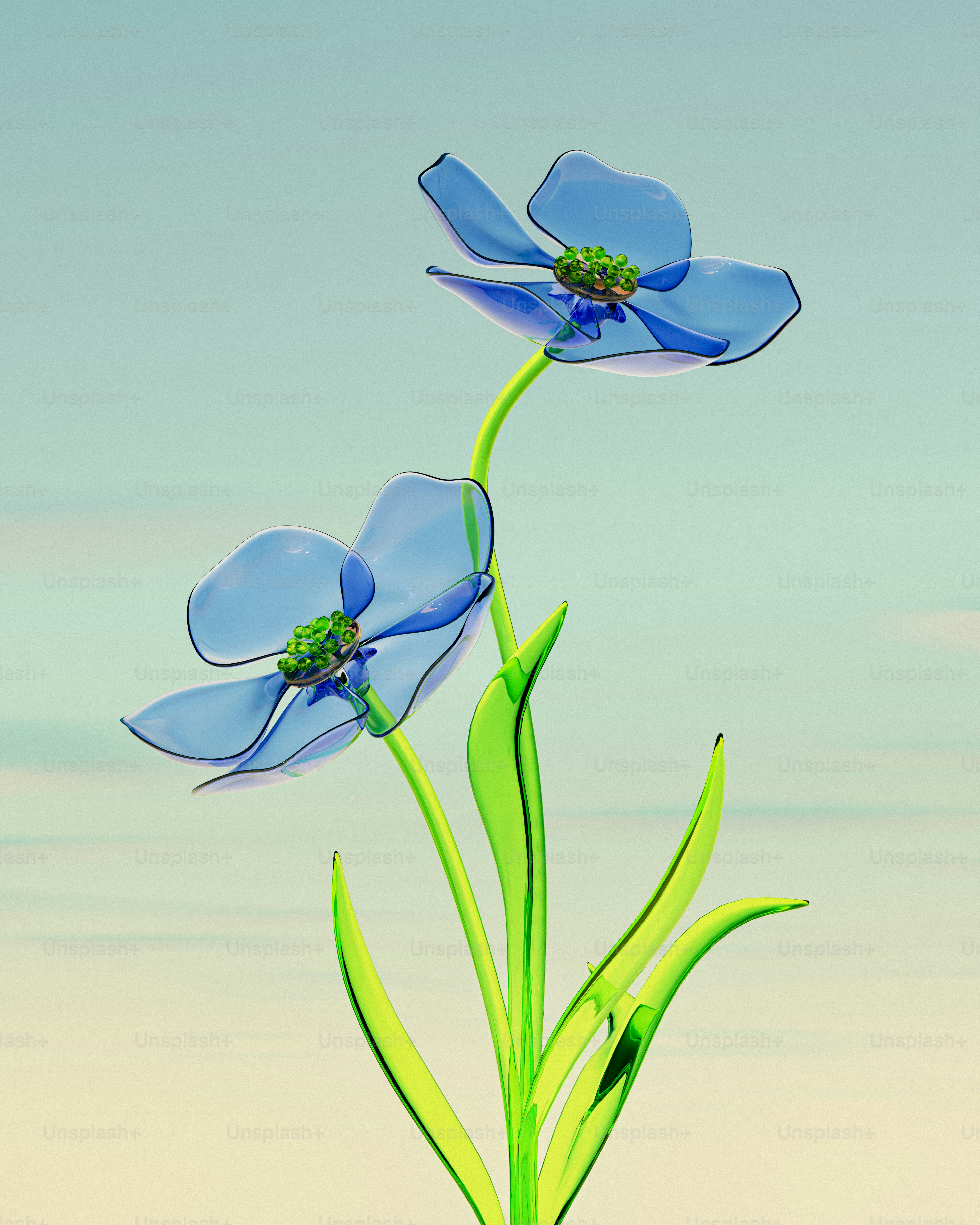 Um par de flores azuis sentando-se sobre uma planta verde