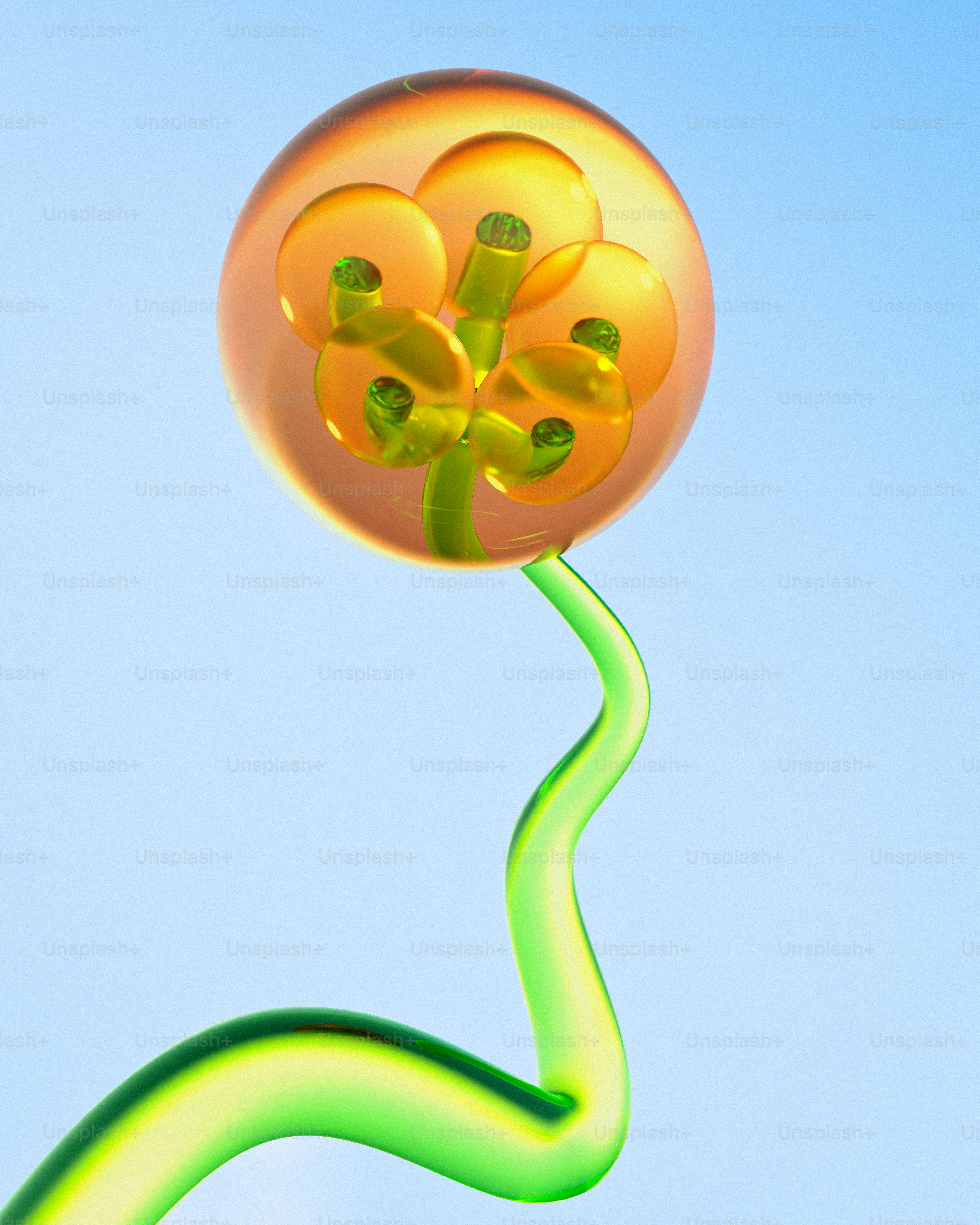 A yellow flower with a green stem on a blue sky background