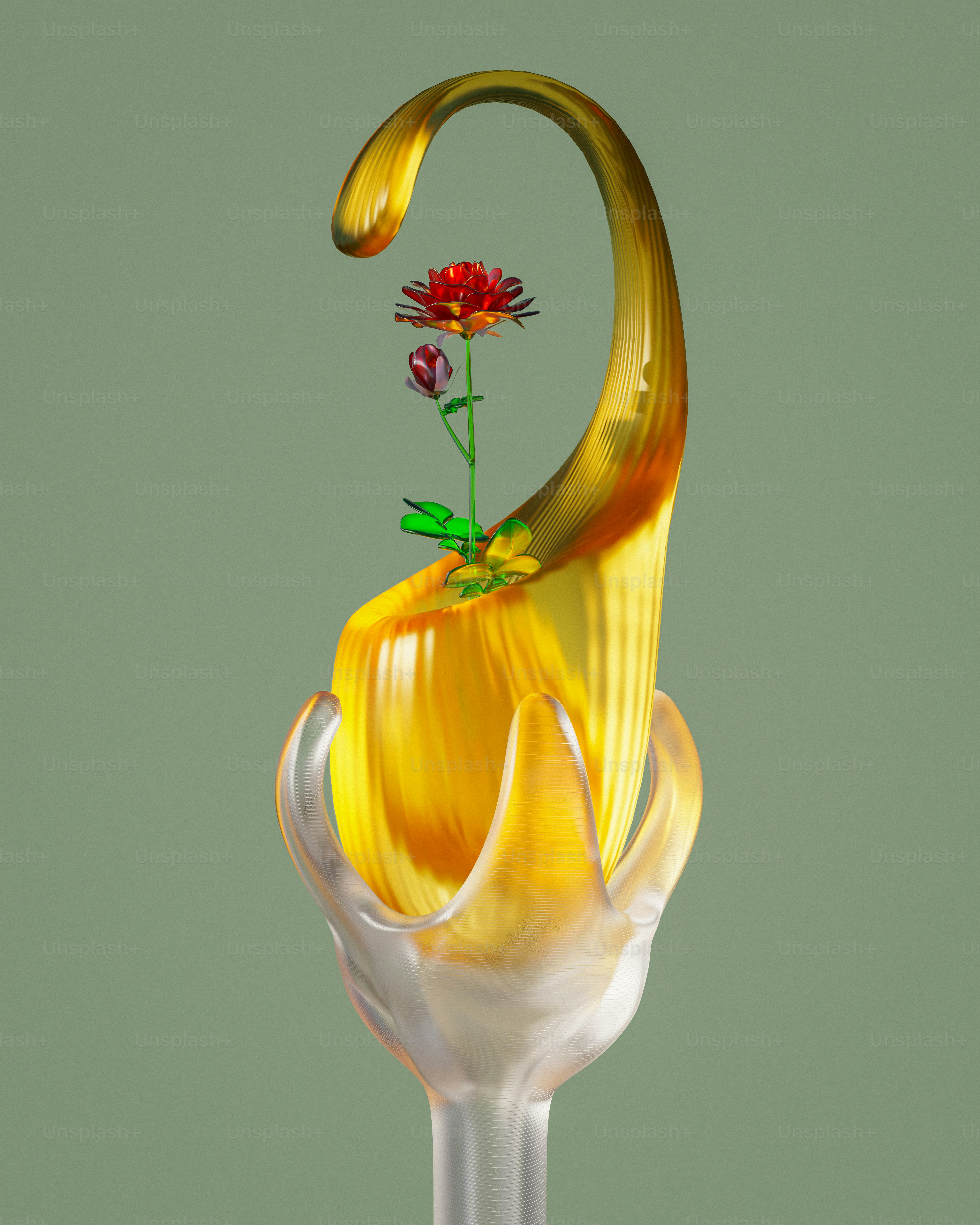 Una escultura de vidrio de una flor en una mano