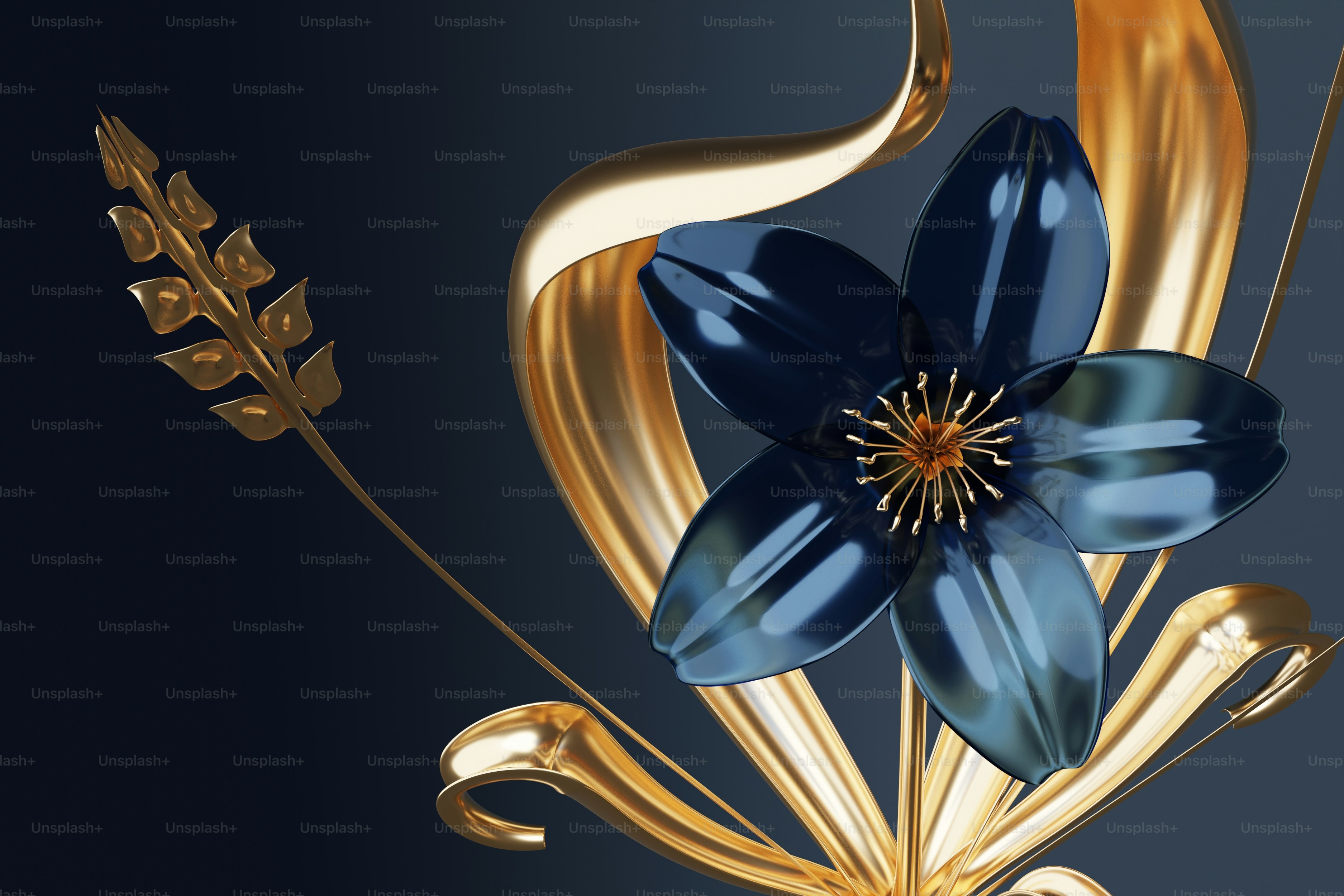 Una flor azul y dorada sobre un fondo negro