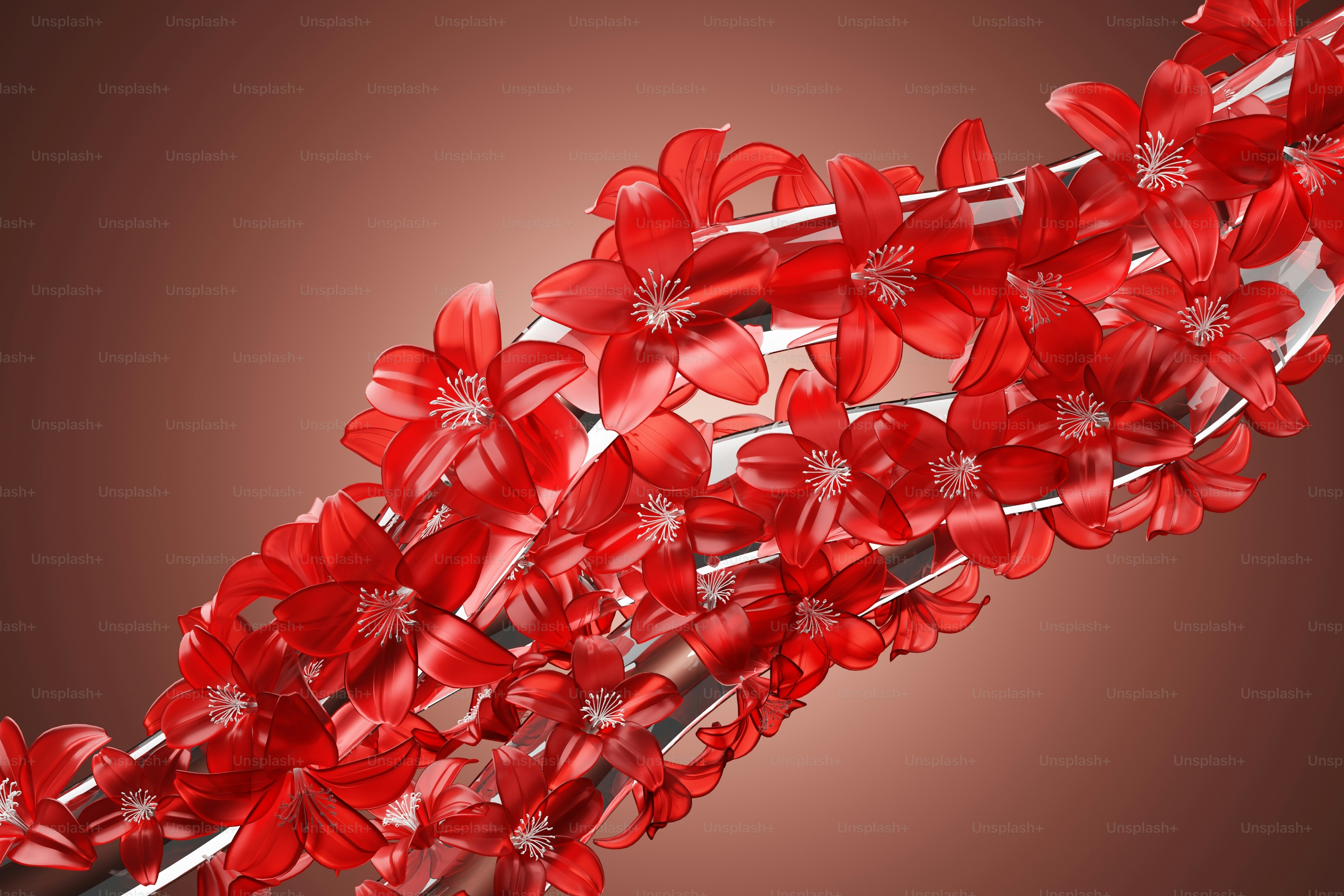 갈색 배경에 빨간 꽃 한 묶음