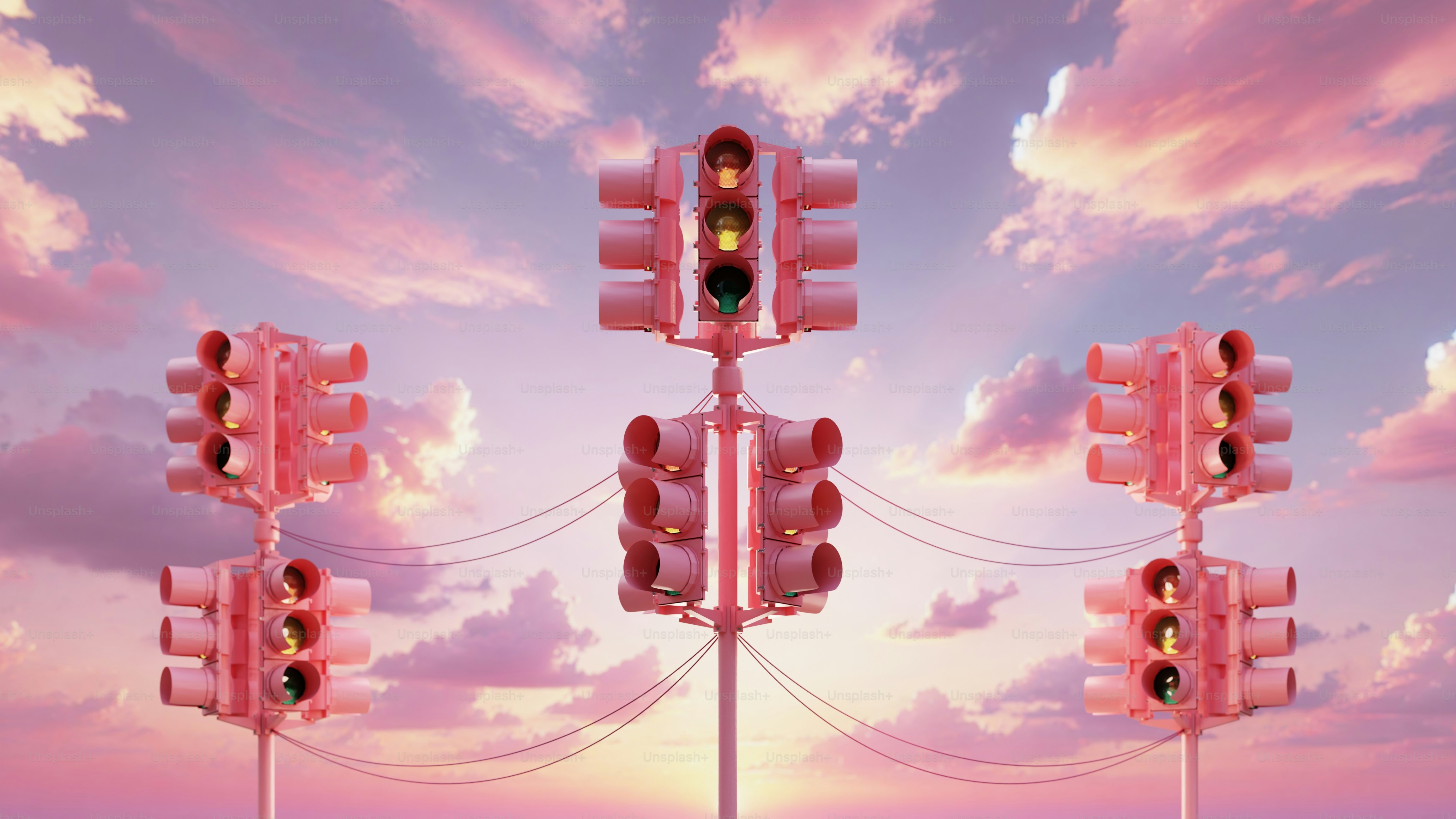 A group of traffic lights sitting on top of a lush green field