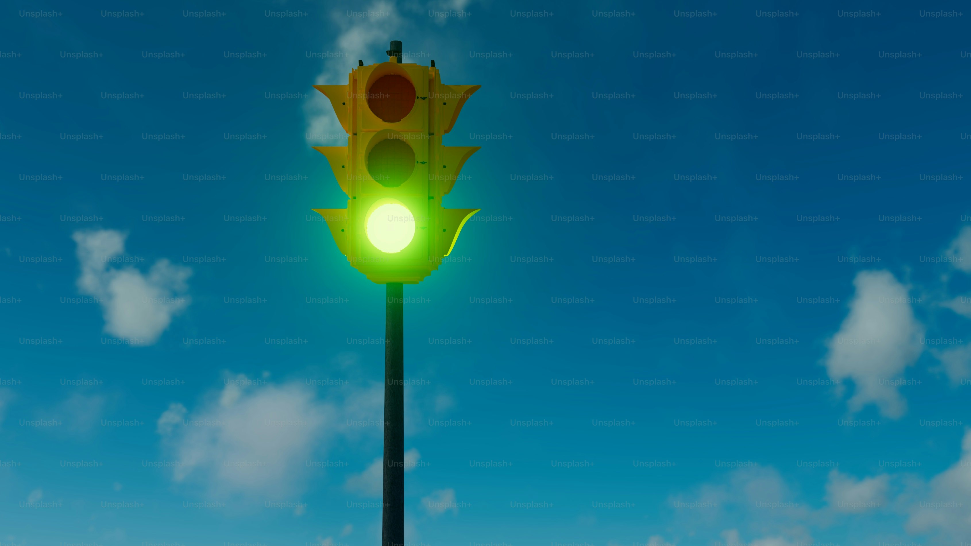 A traffic light on a pole with a sky background