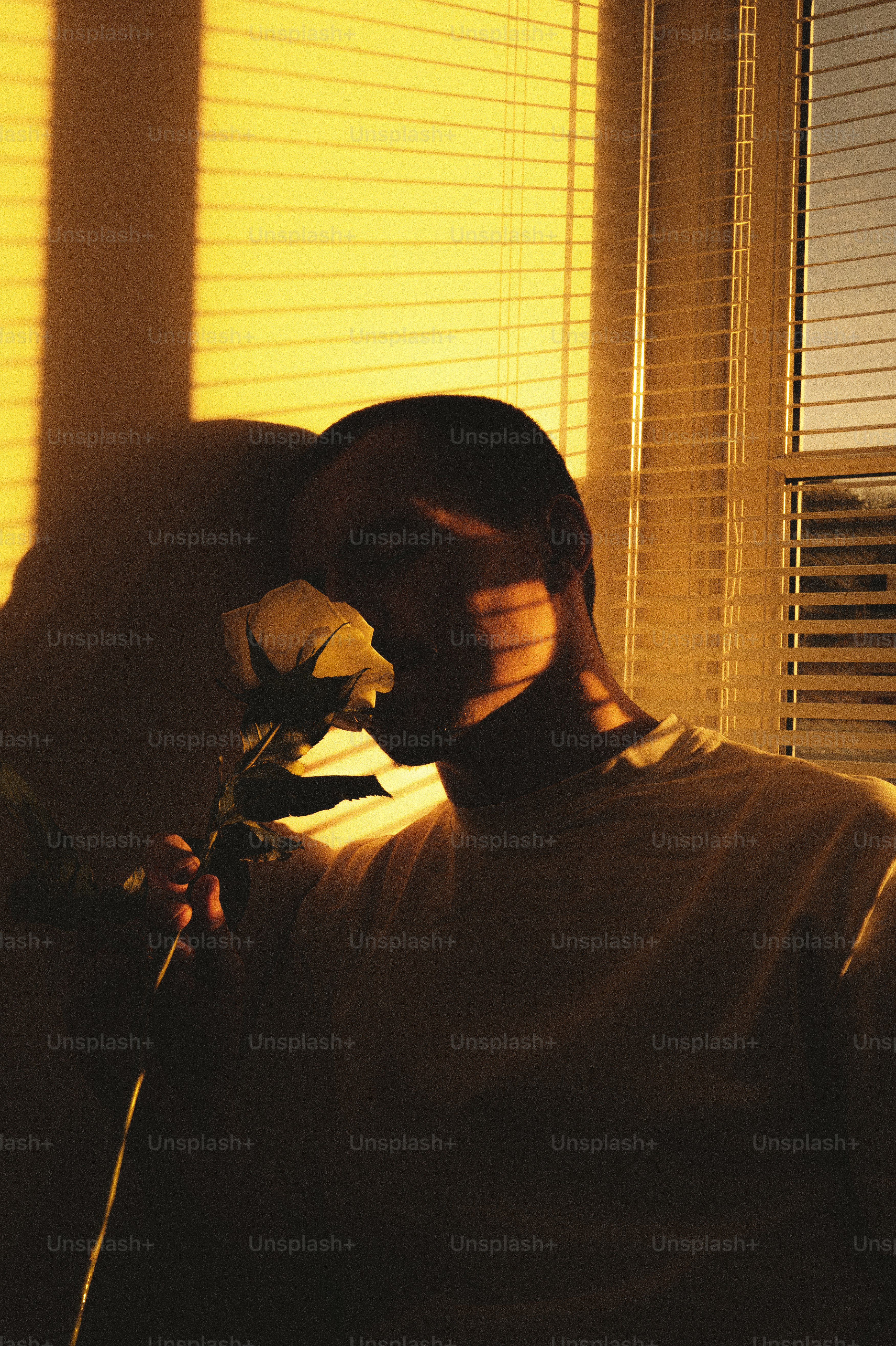 A man is holding a rose in his hand