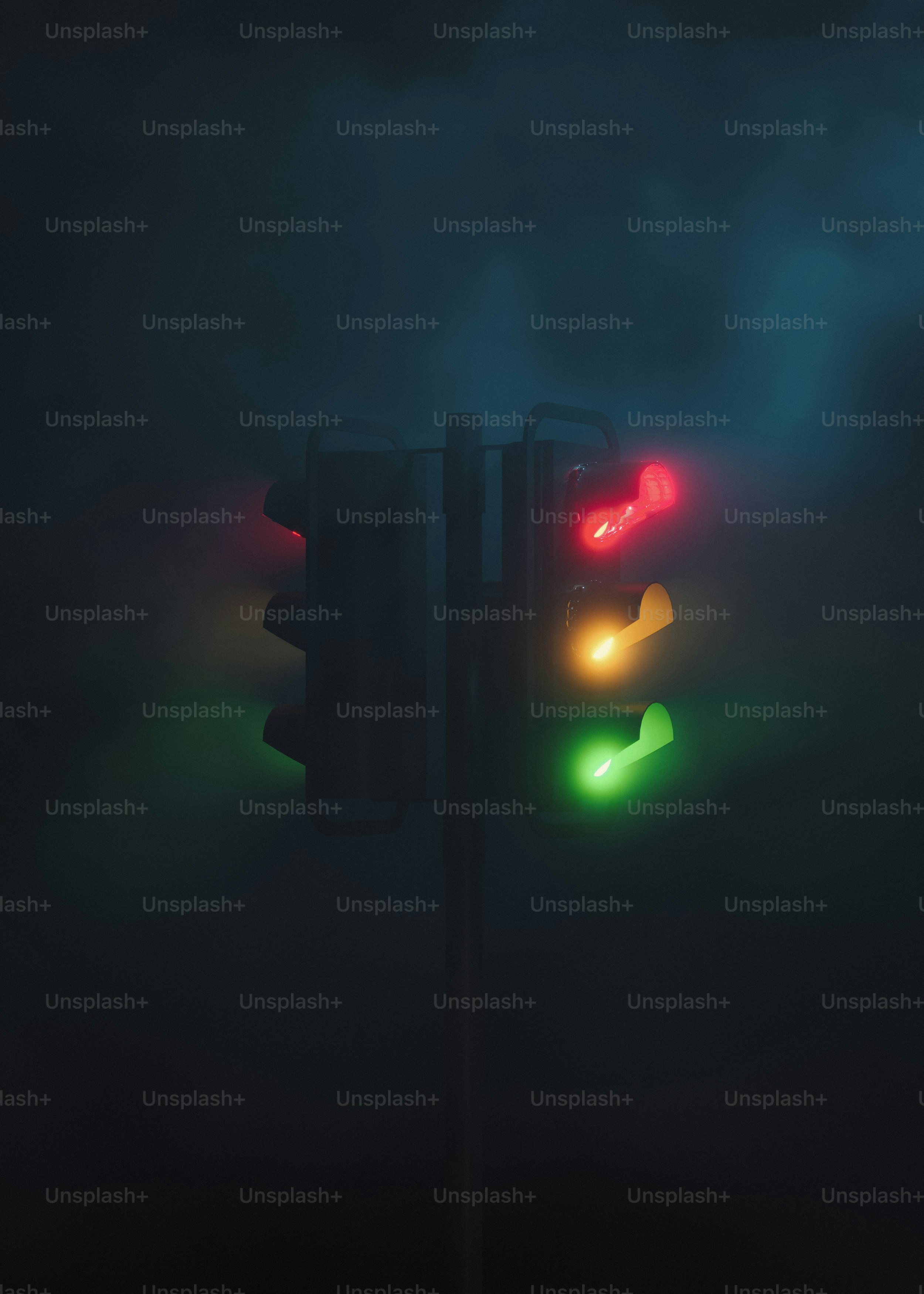 A traffic light that is red, green, and yellow