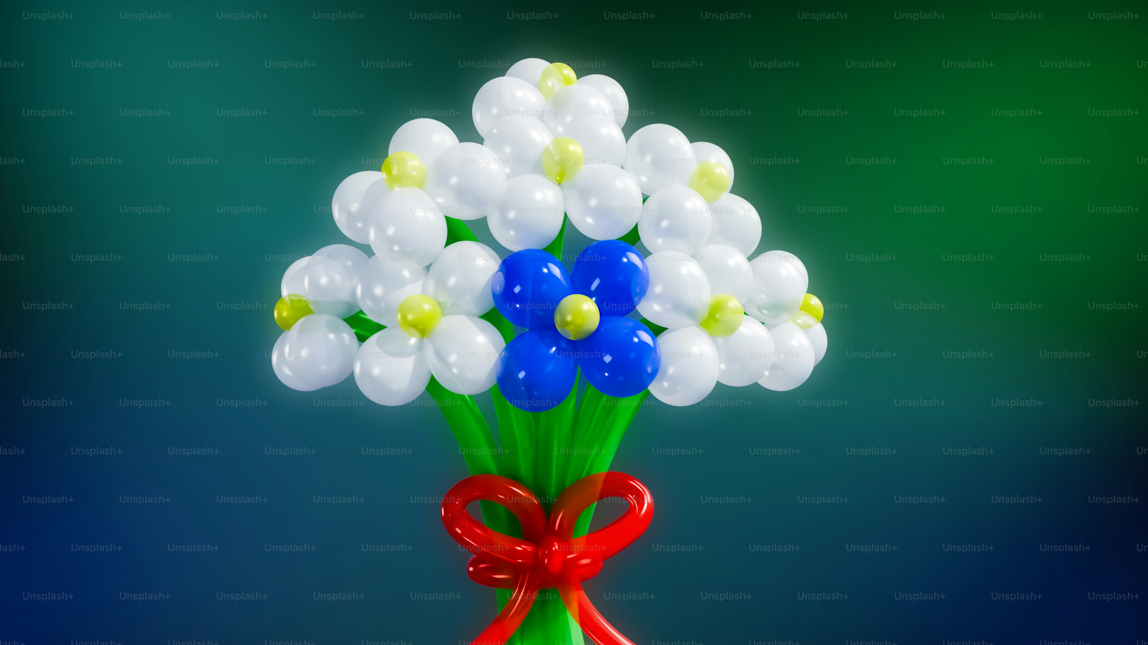 A bouquet of white and blue flowers with a red ribbon