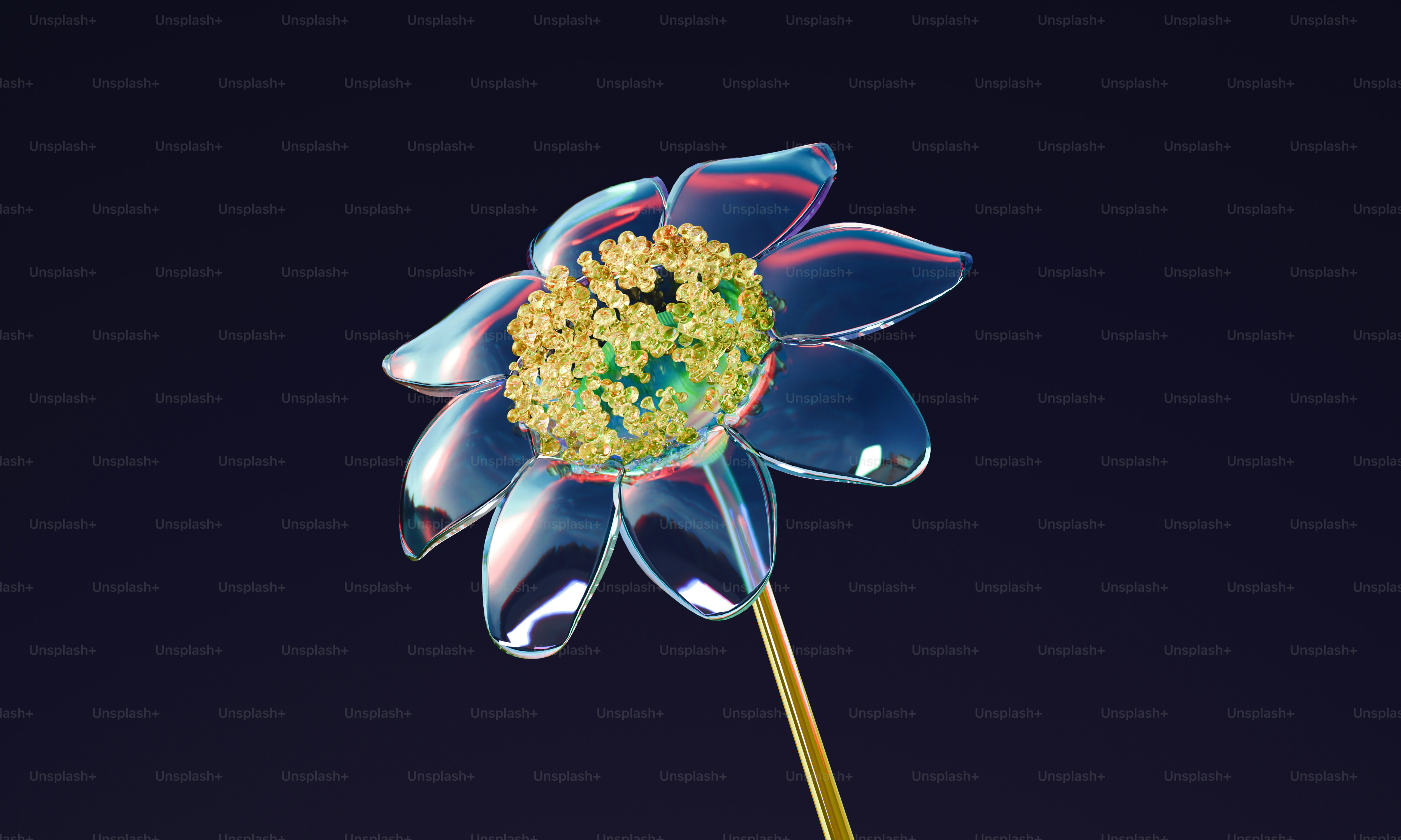 A blue flower with a yellow center on a stem